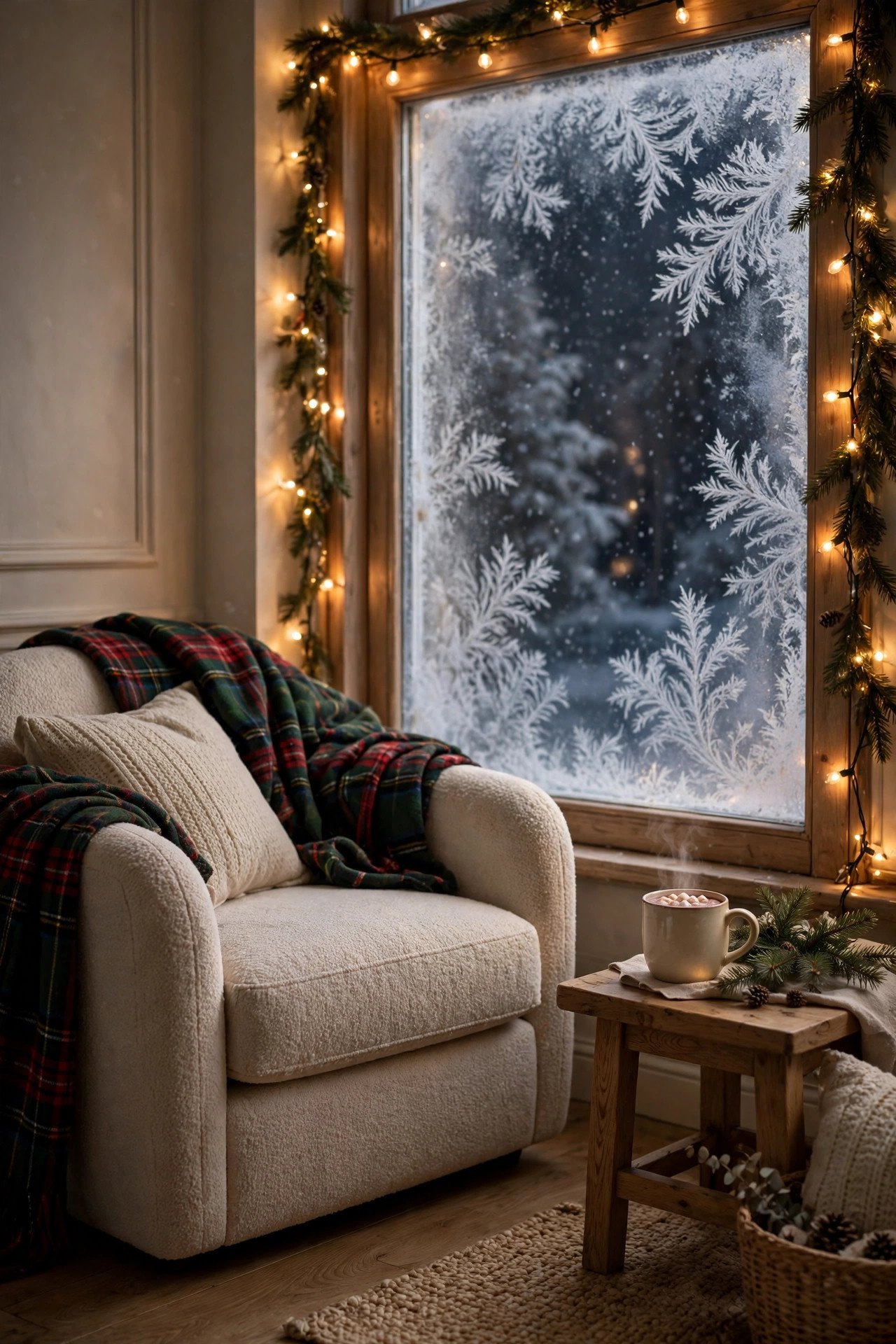 Christmas living room decor reading nook — armchair with plaid blanket beside a frosted window, string lights glowing, small side table with cocoa mug and pine sprigs