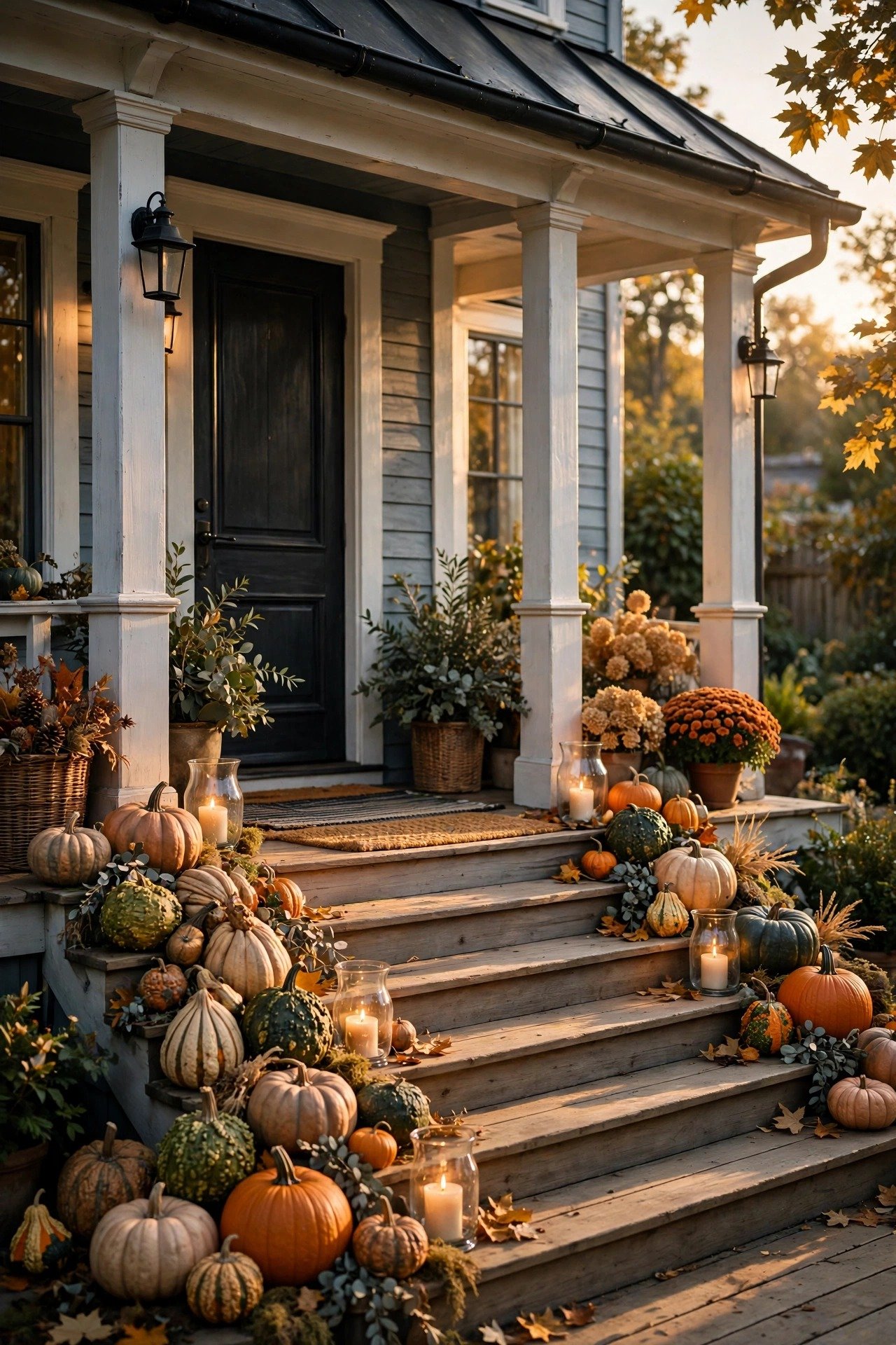 Wide front porch steps lined with mixed gourds, candles in glass hurricanes and a layered doormat