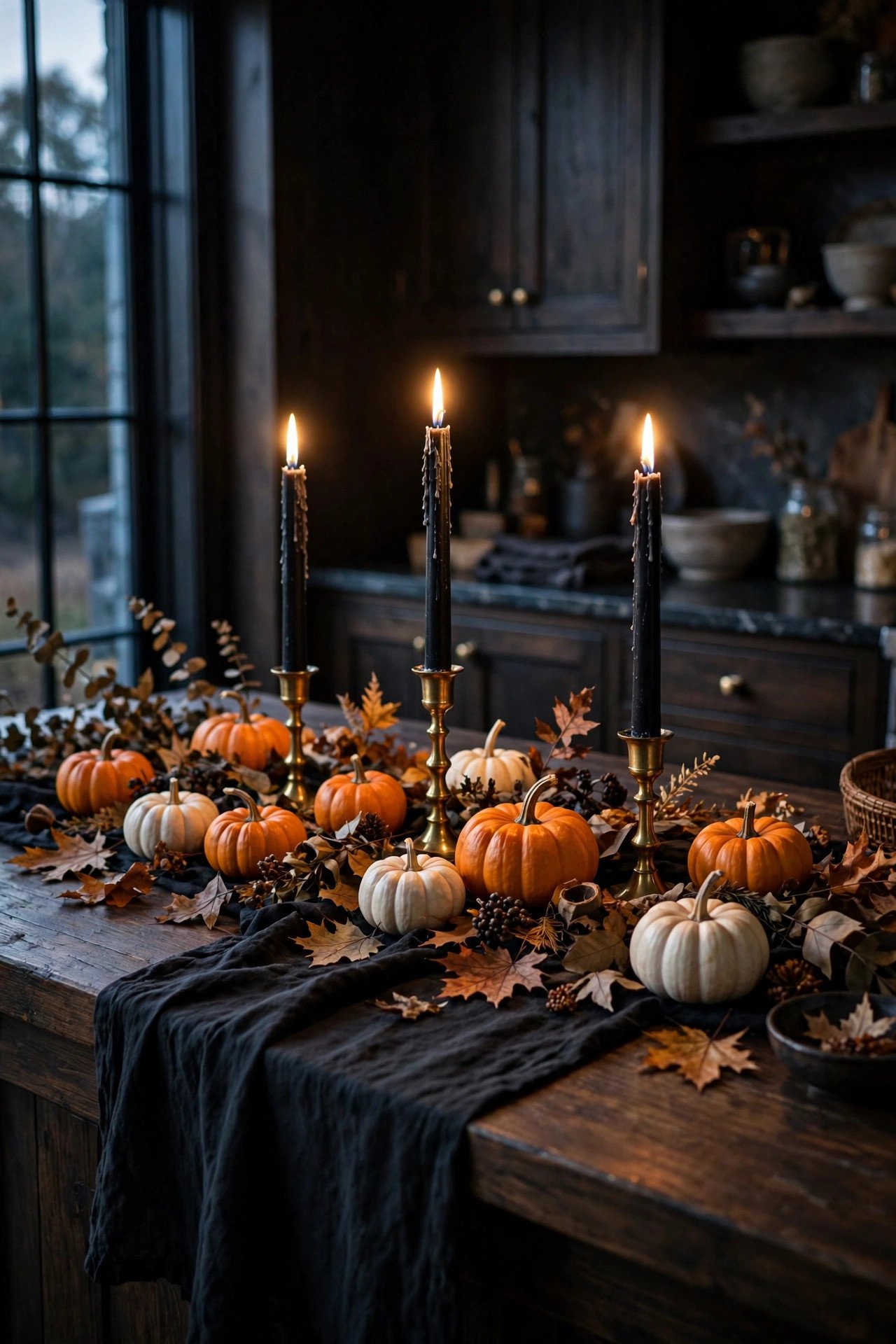 Candlelit Halloween kitchen island tablescape with black runner, mini pumpkins, and black taper candles in brass holders