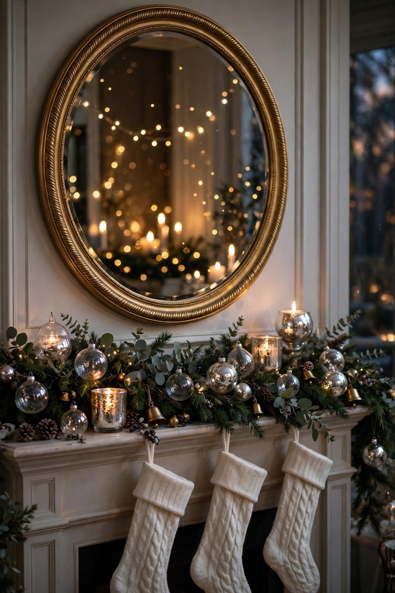 Glamorous cozy Christmas mantel decor with a round gold mirror, twinkling fairy lights, glass ornaments, and a eucalyptus garland