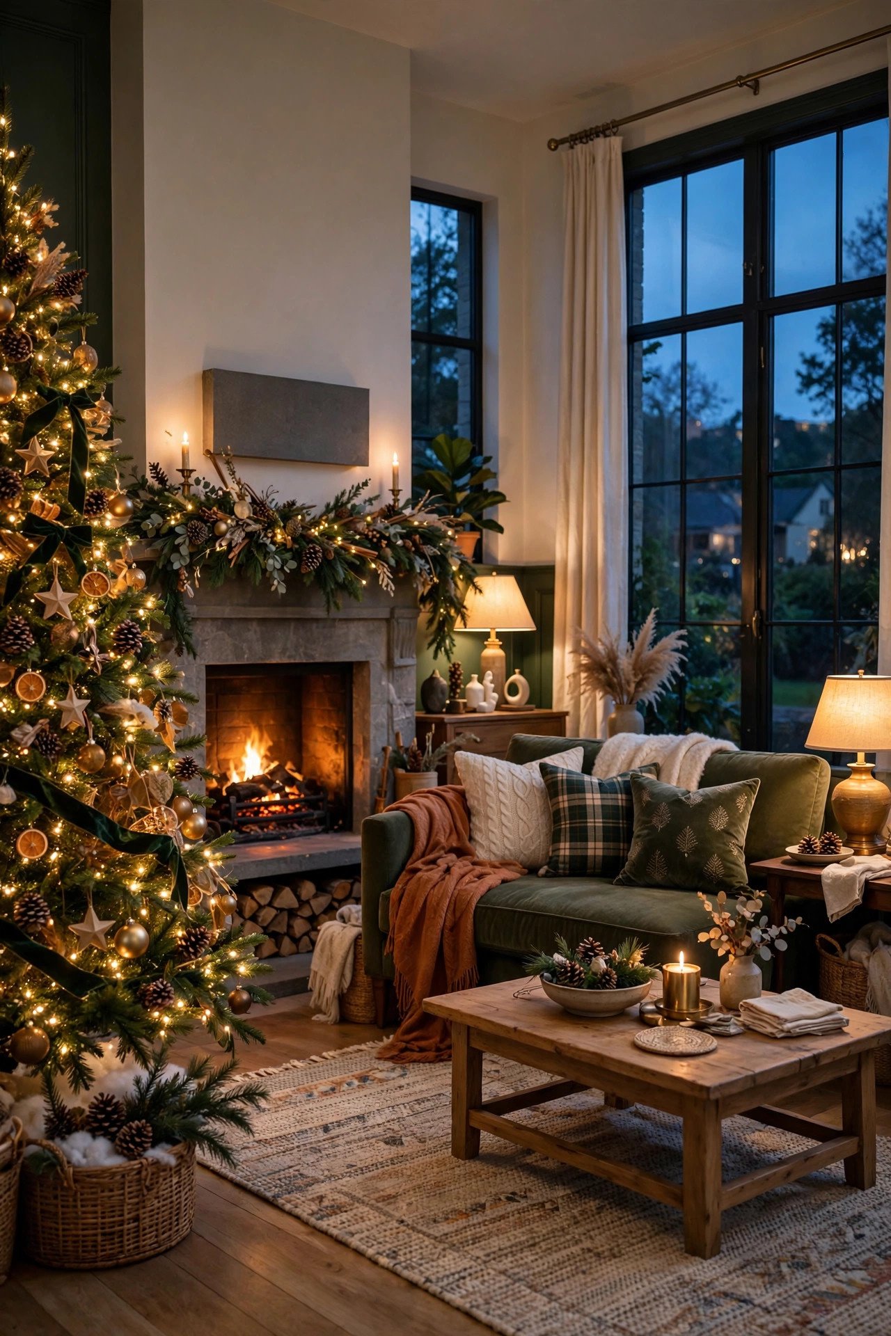 Christmas living room decor wide shot — full living room glowing at dusk with lit tree, garland-draped mantel, cozy sofa with holiday pillows, and warm lamps
