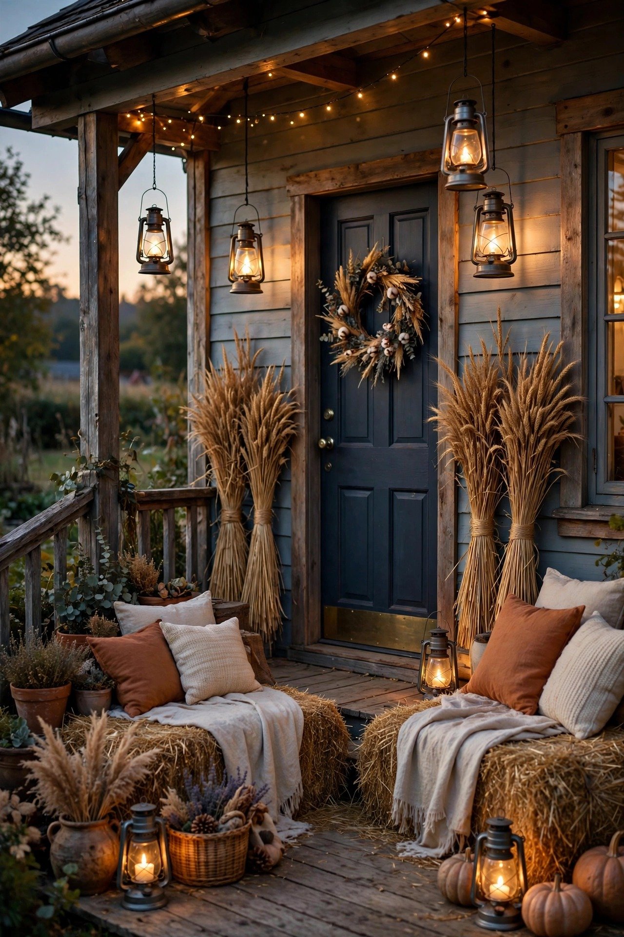 Evening porch scene with lit lanterns, hay bale seating and dried wheat bundles by the door
