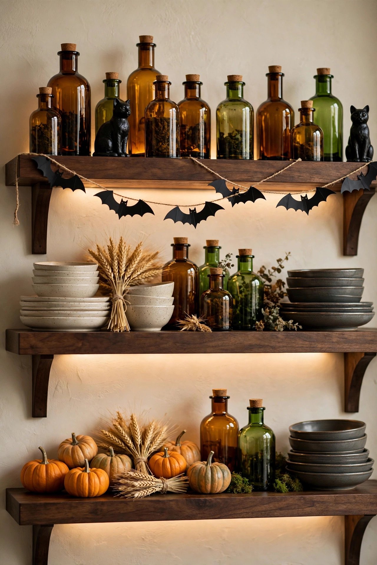 Open kitchen shelves styled for Halloween with potion bottles, black cat figurines, bat garland, and small pumpkins