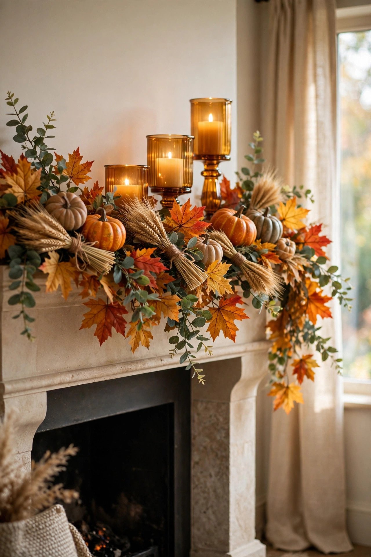 Fireplace mantel decorated with fall garland, amber glass candle holders, and dried wheat bundles