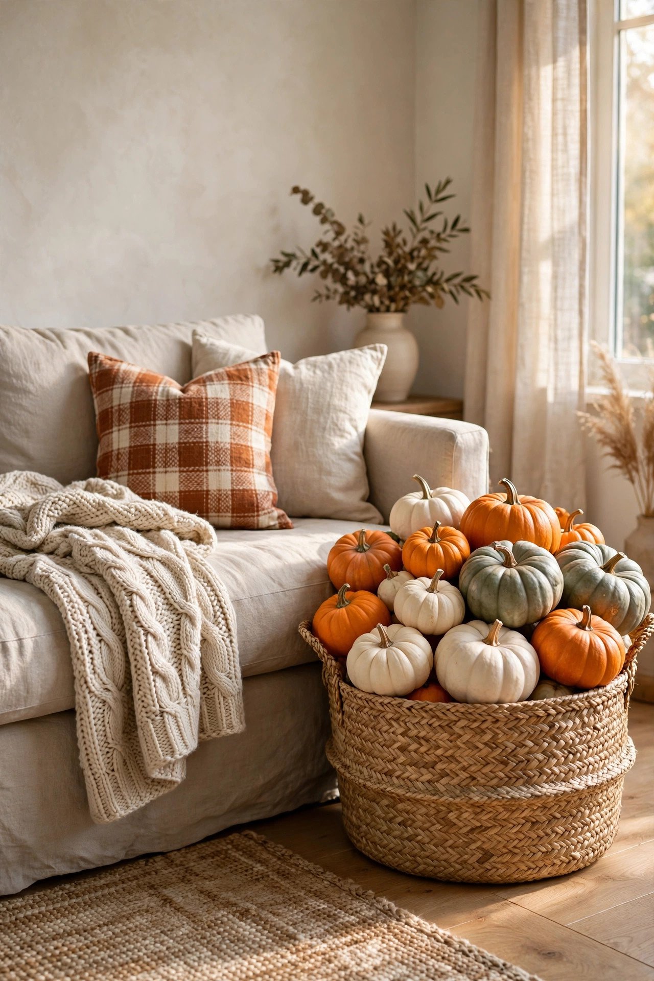 Sofa styled with plaid pillows, chunky knit blankets, and a woven basket of faux pumpkins beside it