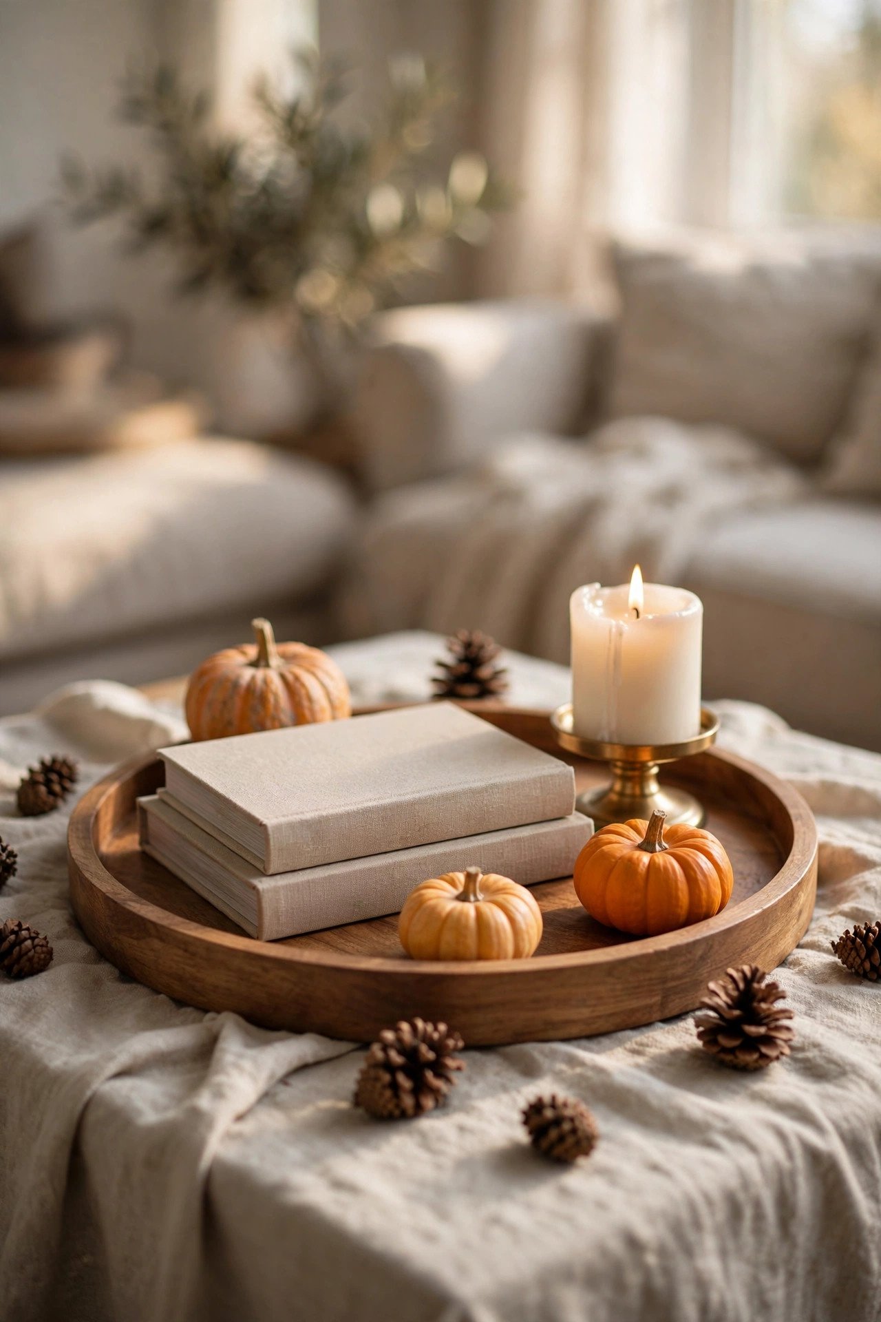 Coffee table vignette with wooden tray, stack of books, mini pumpkins, pinecones, and a lit candle