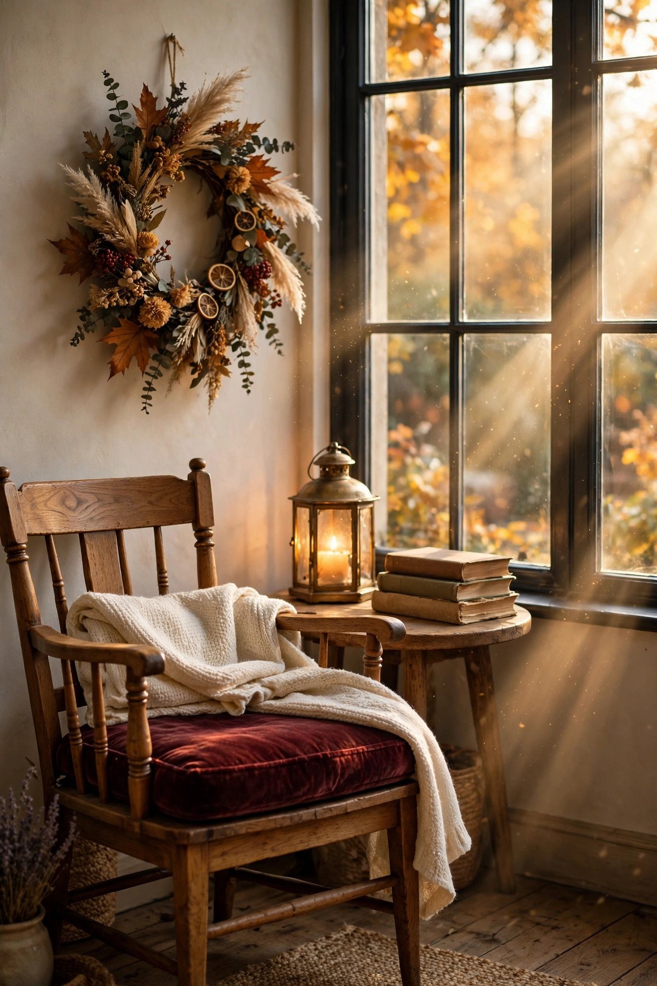 Window-side reading nook with velvet cushion, warm throw, lantern, and fall wreath on the wall