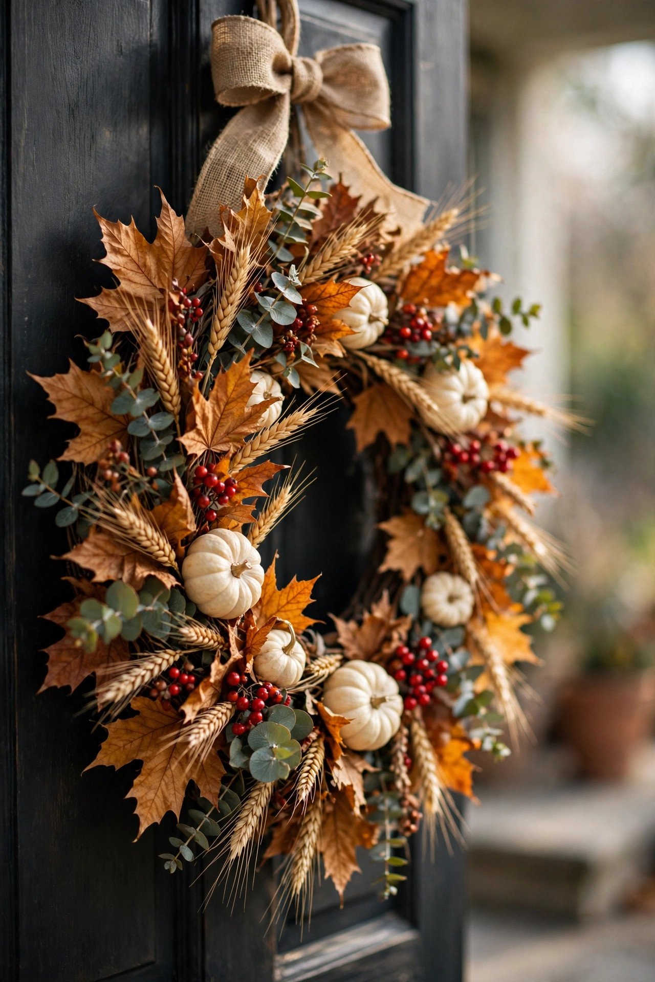 Close-up of fall wreath on front door with dried leaves, wheat, and mini pumpkins