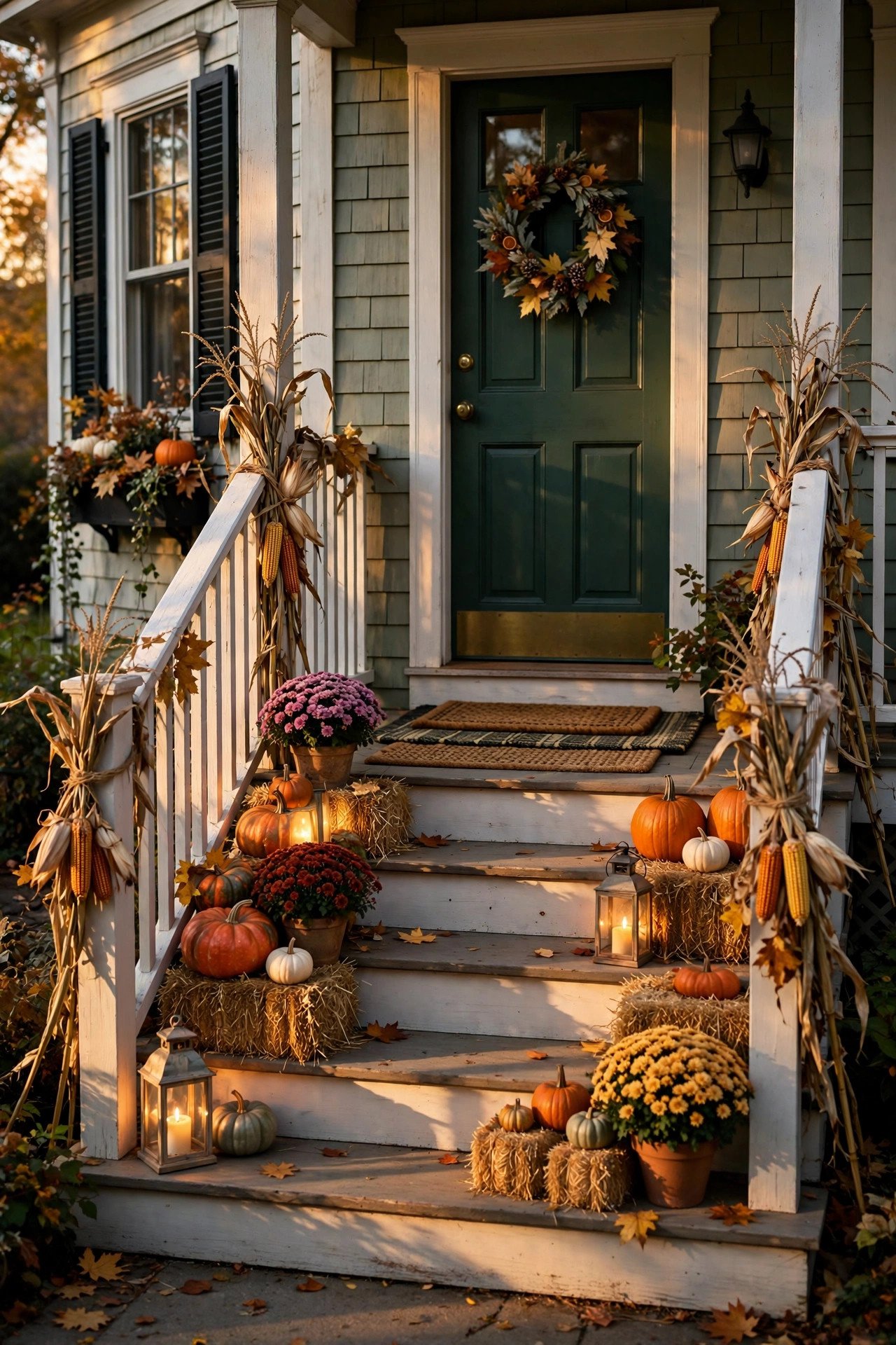 Porch steps styled with hay bales, corn stalks, lanterns, and layered welcome mats