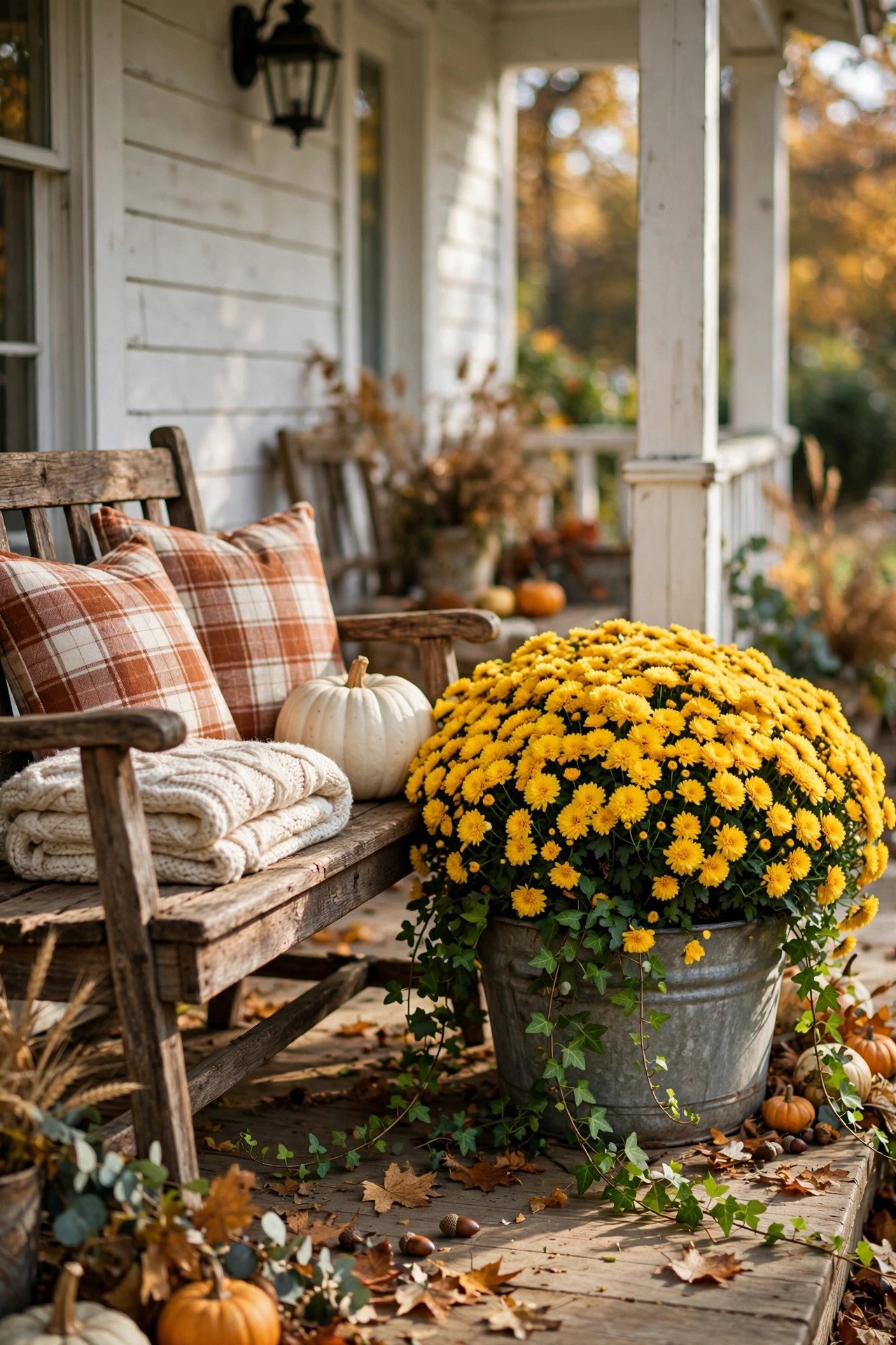 Wooden bench on porch with plaid pillows, throw blanket, and pumpkin beside galvanized tub of mums