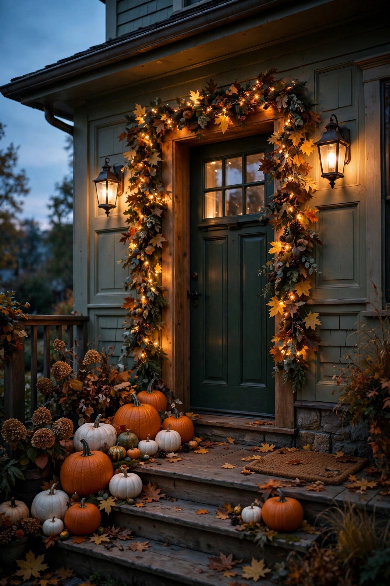 Evening porch scene with glowing lanterns, fairy lights, and pumpkins flanking the front door