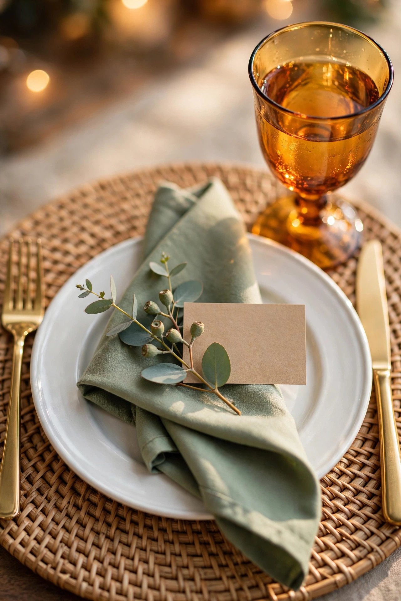 Close-up of place setting with charger plate, cloth napkin, sprig of eucalyptus, and handwritten place card