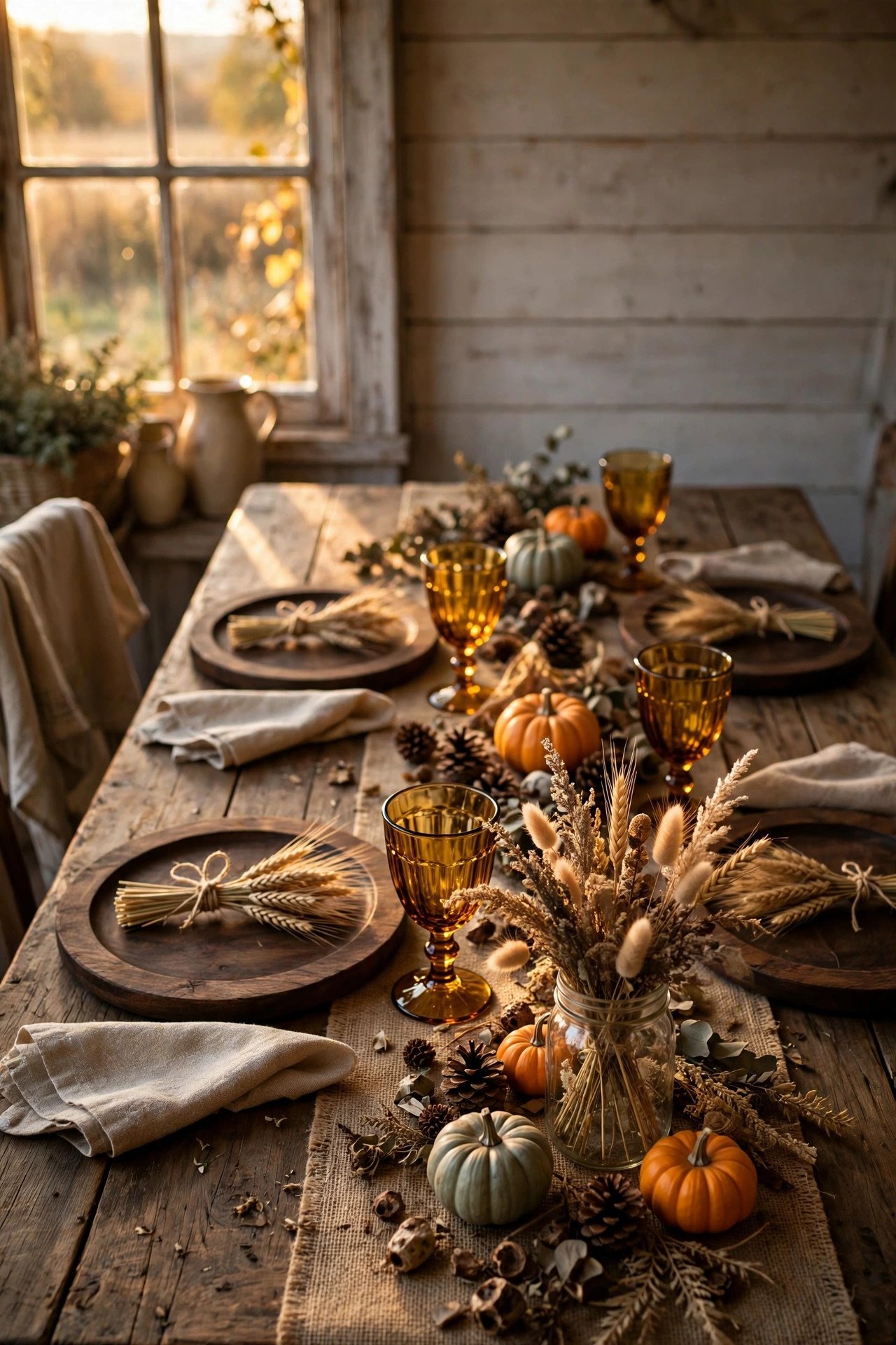 Rustic Thanksgiving table with wooden chargers, wheat bundles, amber glassware, and mini pumpkins