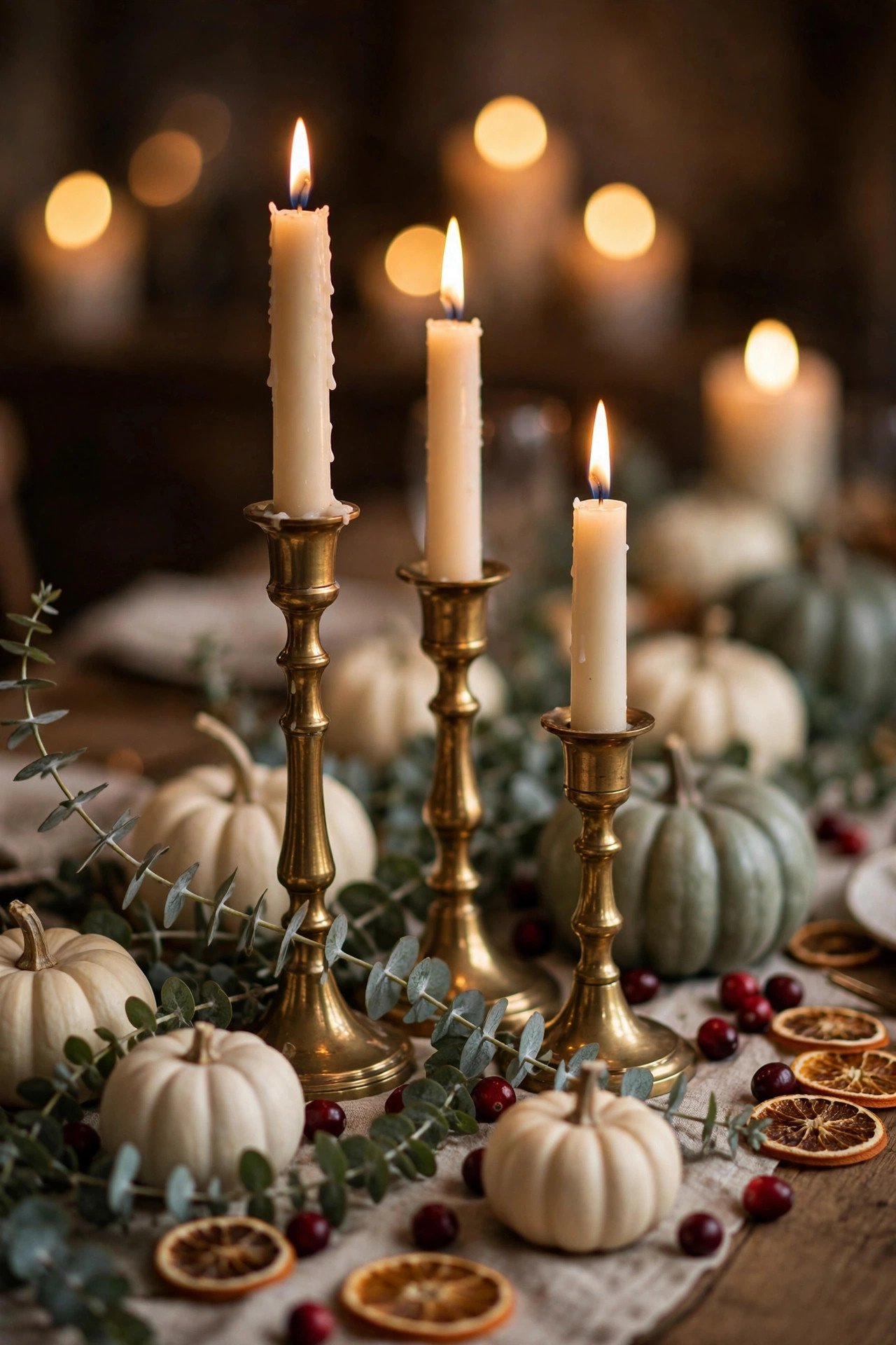 Centerpiece detail of brass candlesticks, white pumpkins, eucalyptus garland, and glowing candles