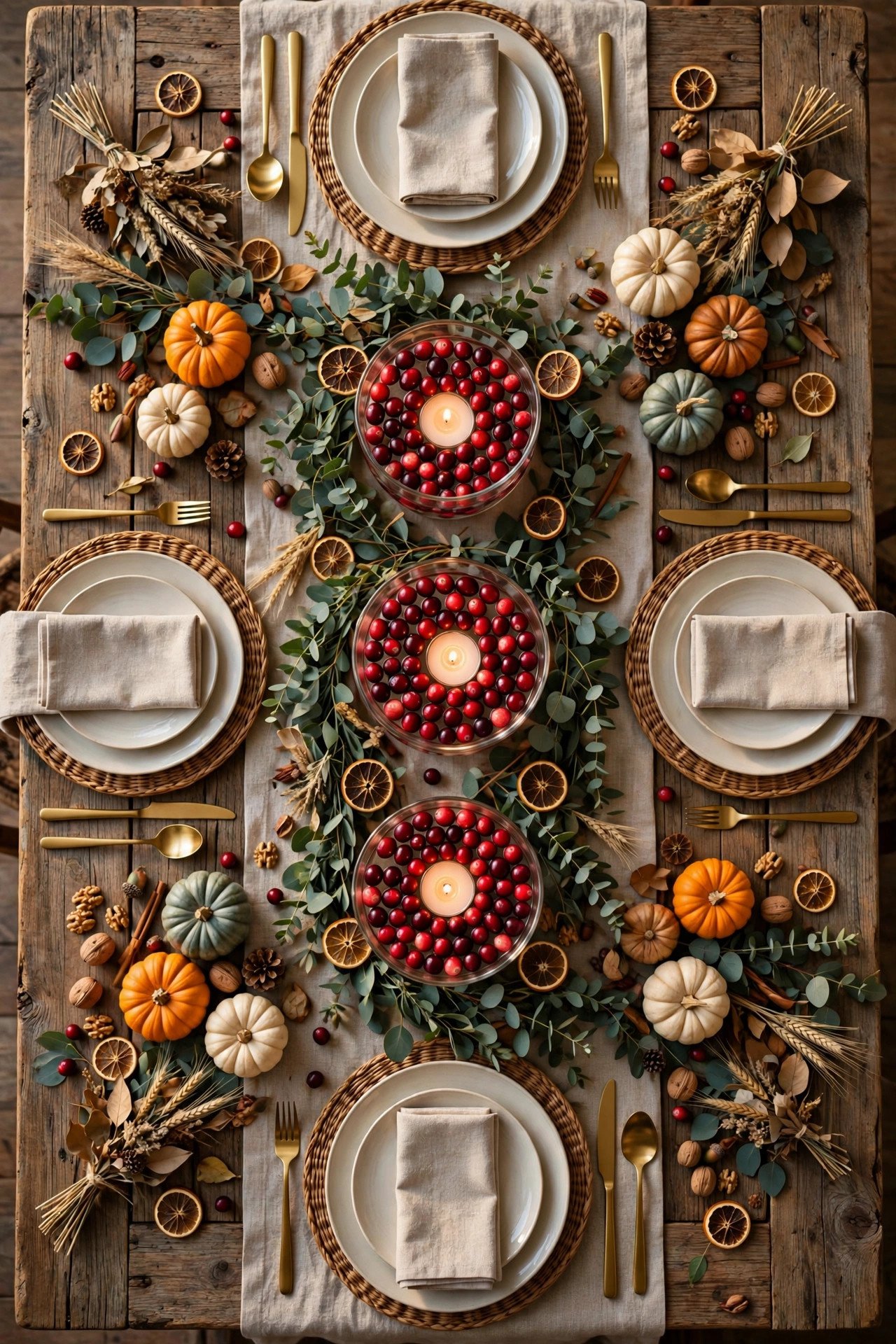 Overhead shot of full Thanksgiving table with cranberries, dried oranges, and layered place settings