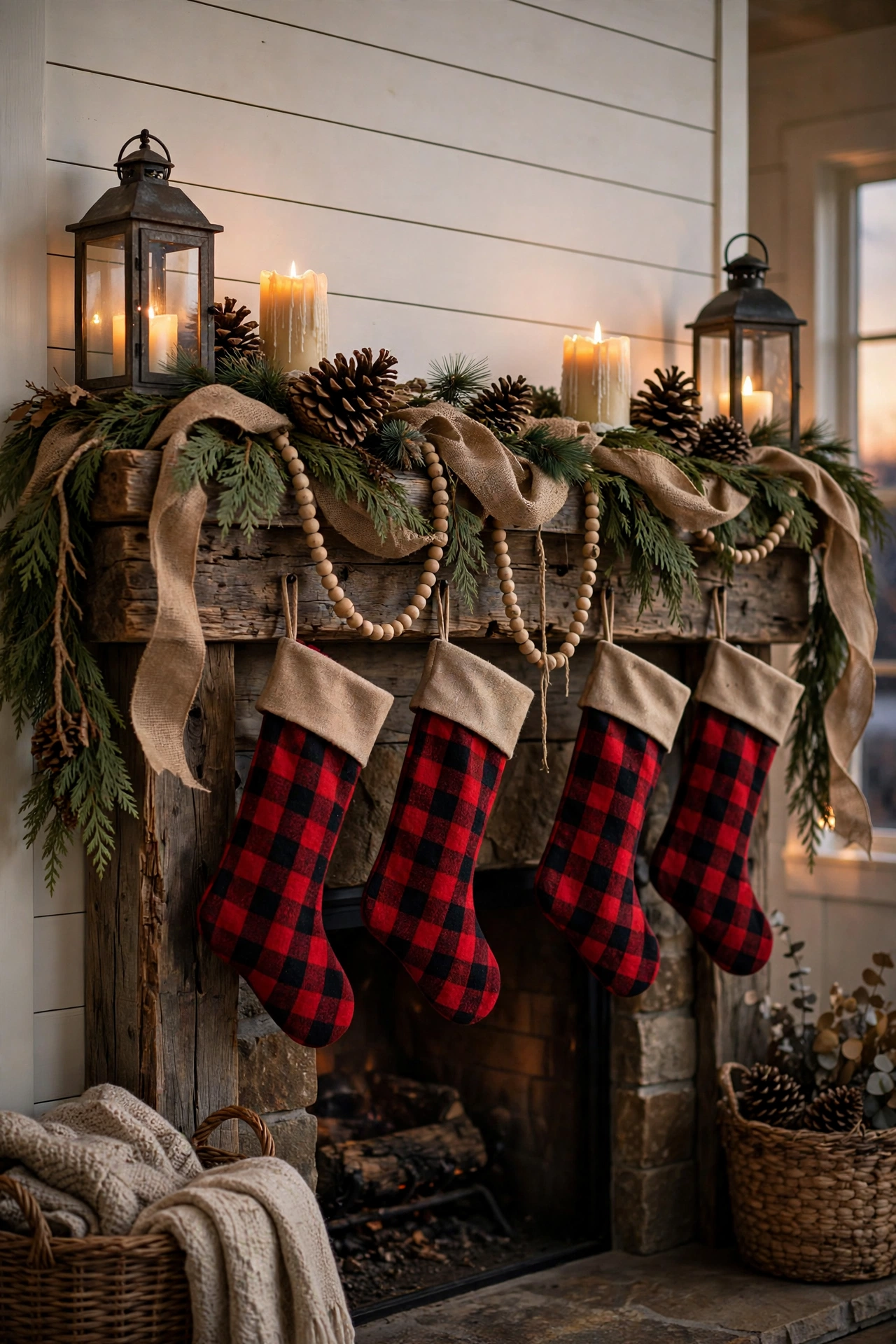 Rustic Farmhouse Christmas Mantel with Pinecones