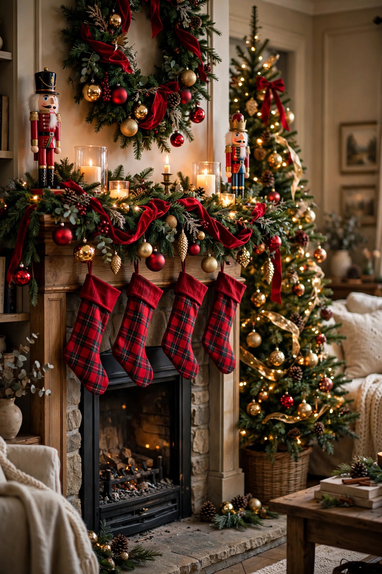 Festive Colorful Christmas Mantel with Red and Gold