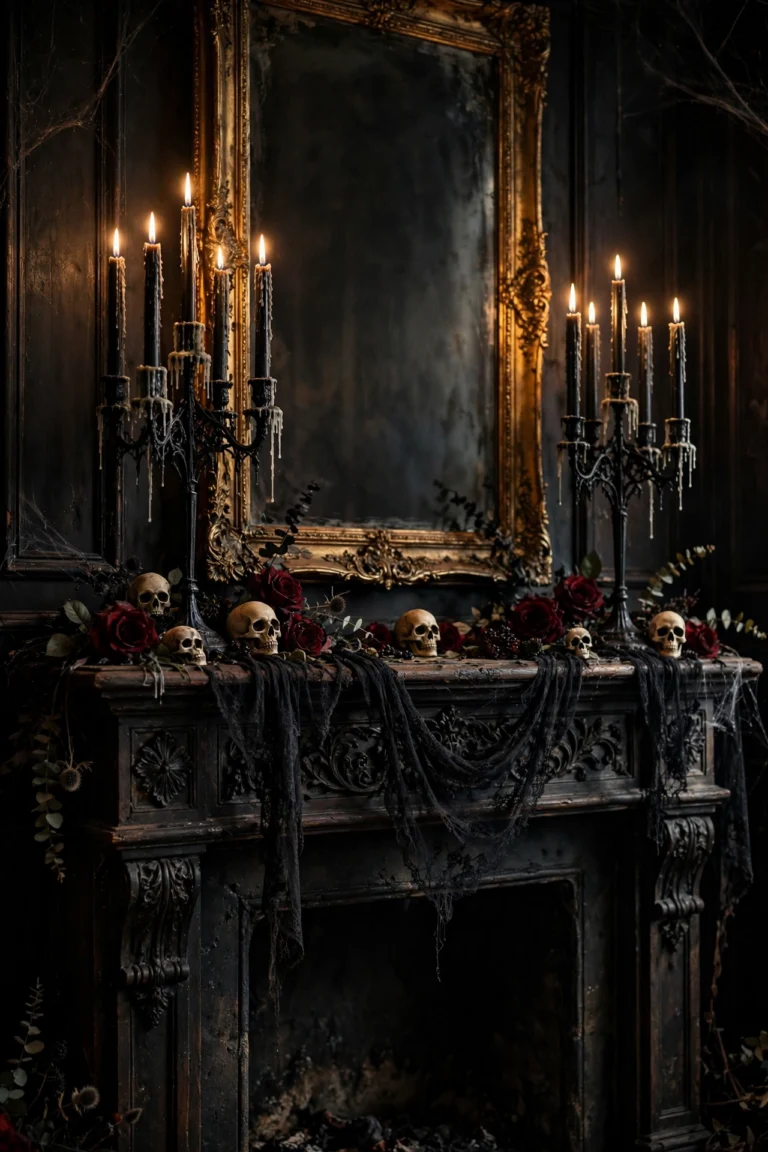 Gothic Black and Gold Halloween Mantel with Candelabras