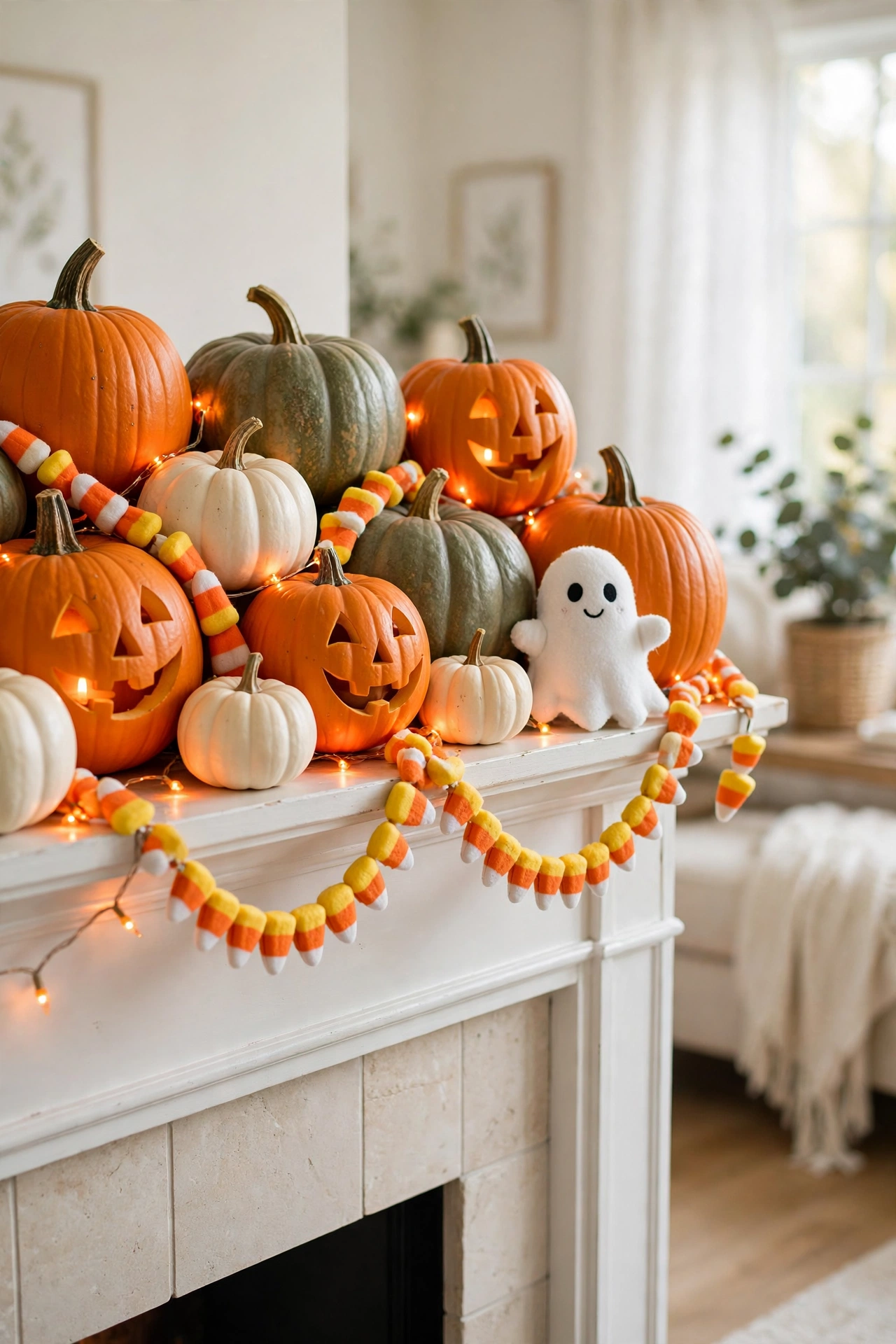 Cute Cozy Pumpkin Halloween Mantel
