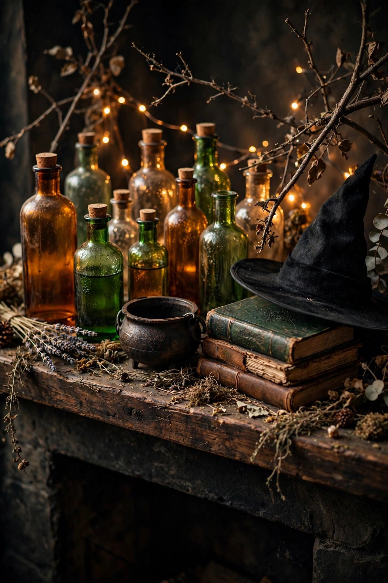 Witchy Apothecary Halloween Mantel with Potion Bottles