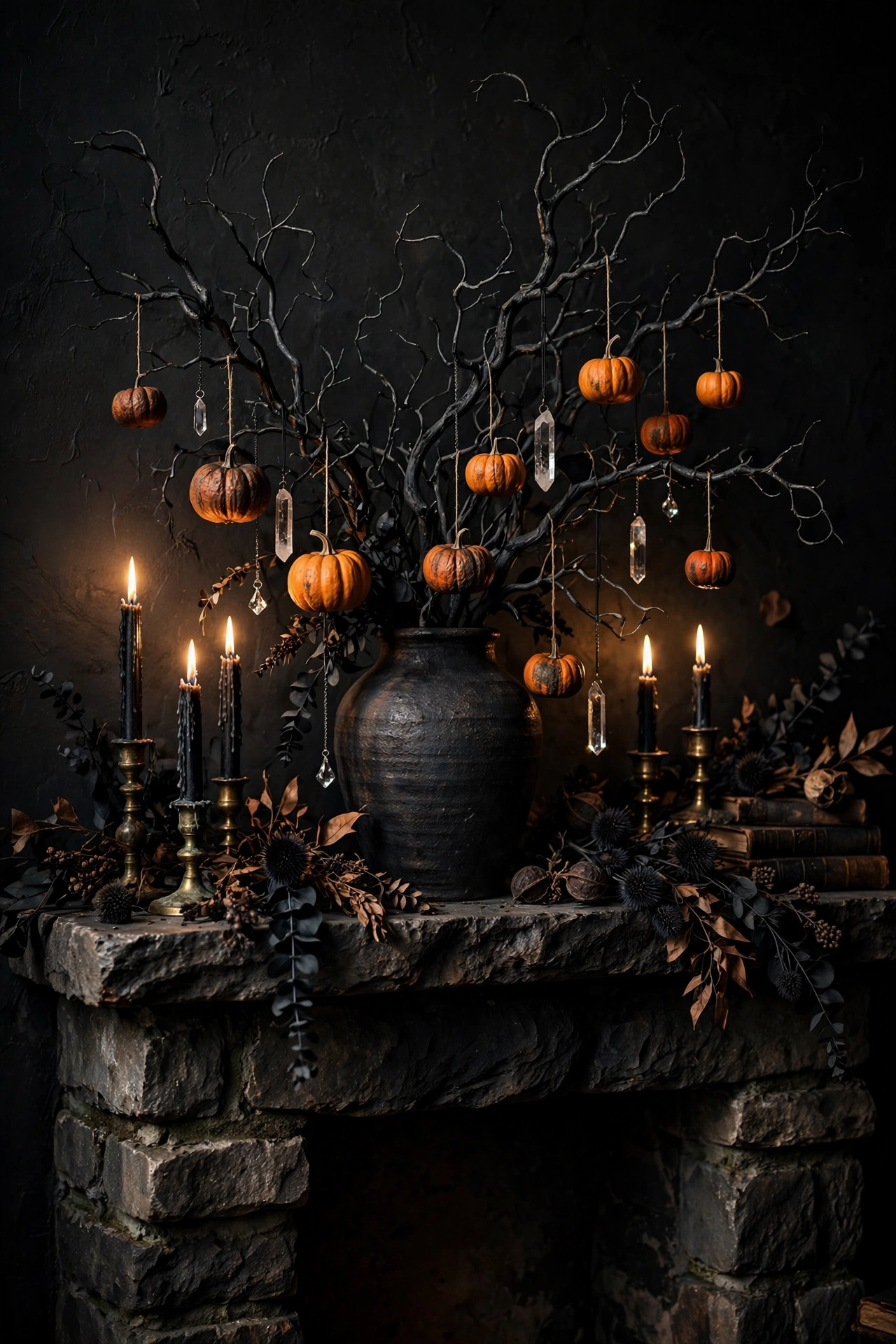 Moody Dark Branch Halloween Mantel