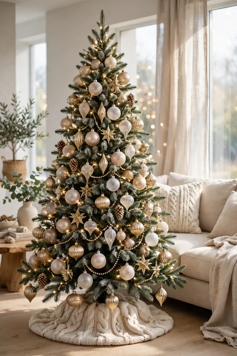 Elegant neutral and gold Christmas tree in a modern living room