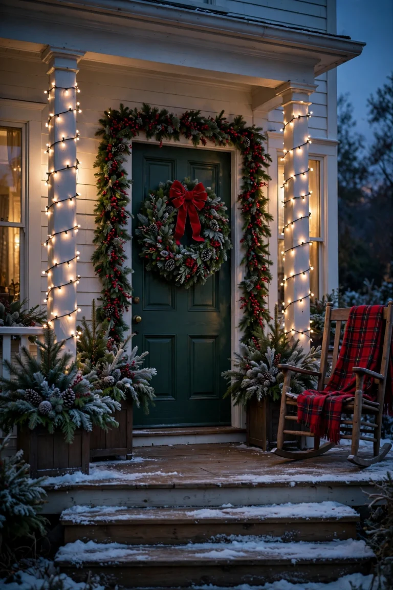 Festive front porch decorated for Christmas at dusk