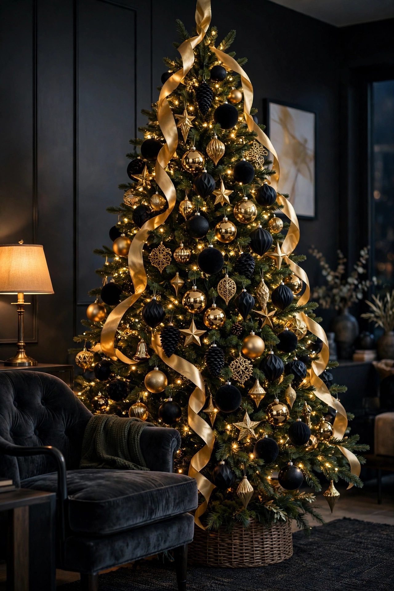 Dramatic black and gold Christmas tree with glowing lights