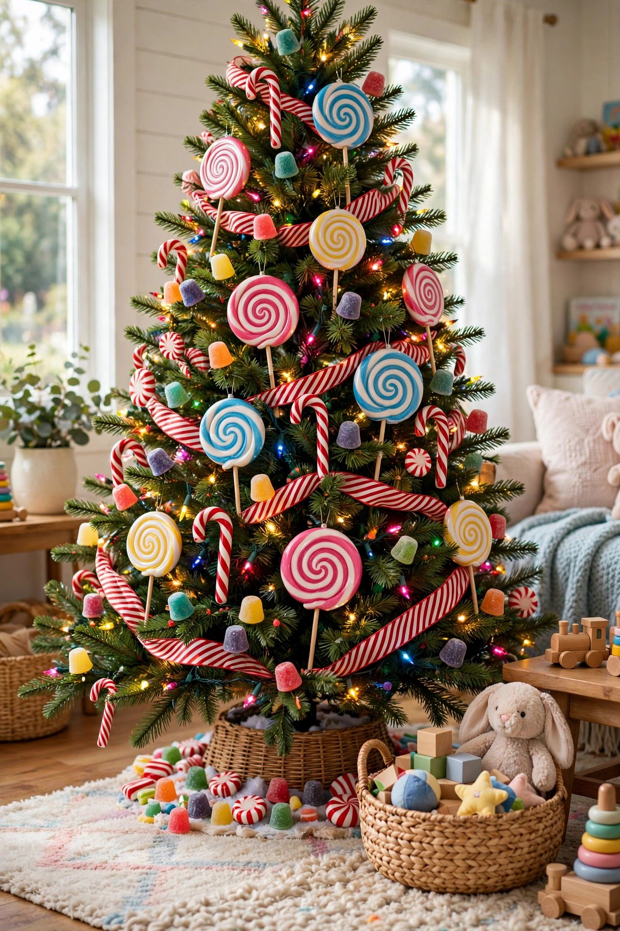 Playful candy-themed Christmas tree for kids