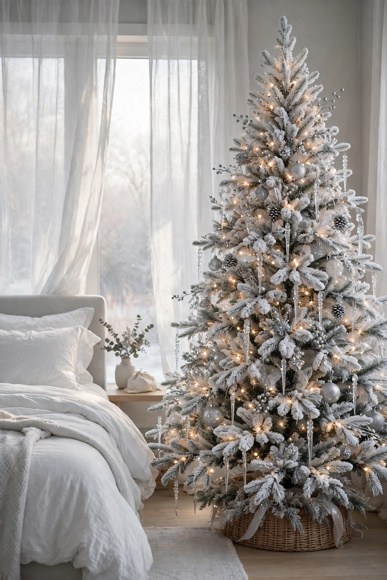 White flocked Christmas tree in a serene bedroom