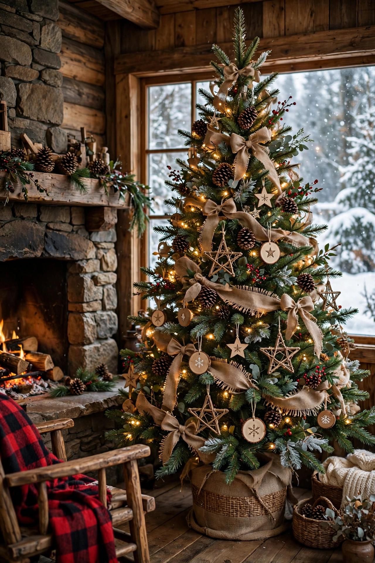 Rustic woodland Christmas tree in a cozy cabin living room