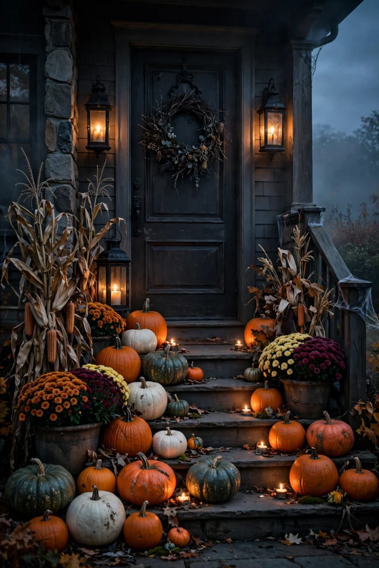Spooky-elegant front porch with pumpkins and lanterns