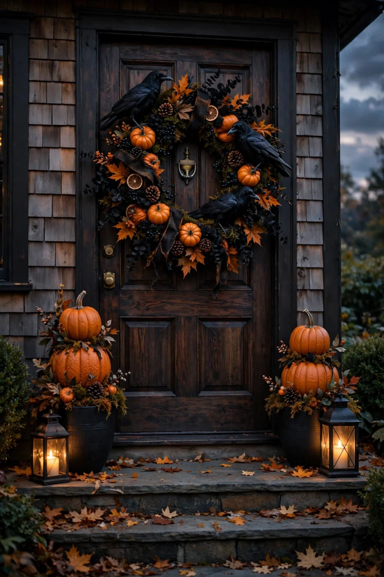 Spooky Halloween front door with wreath and pumpkins