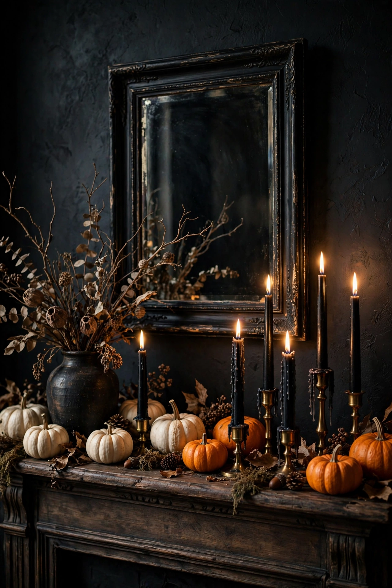 Elegant Halloween mantel with candles and pumpkins