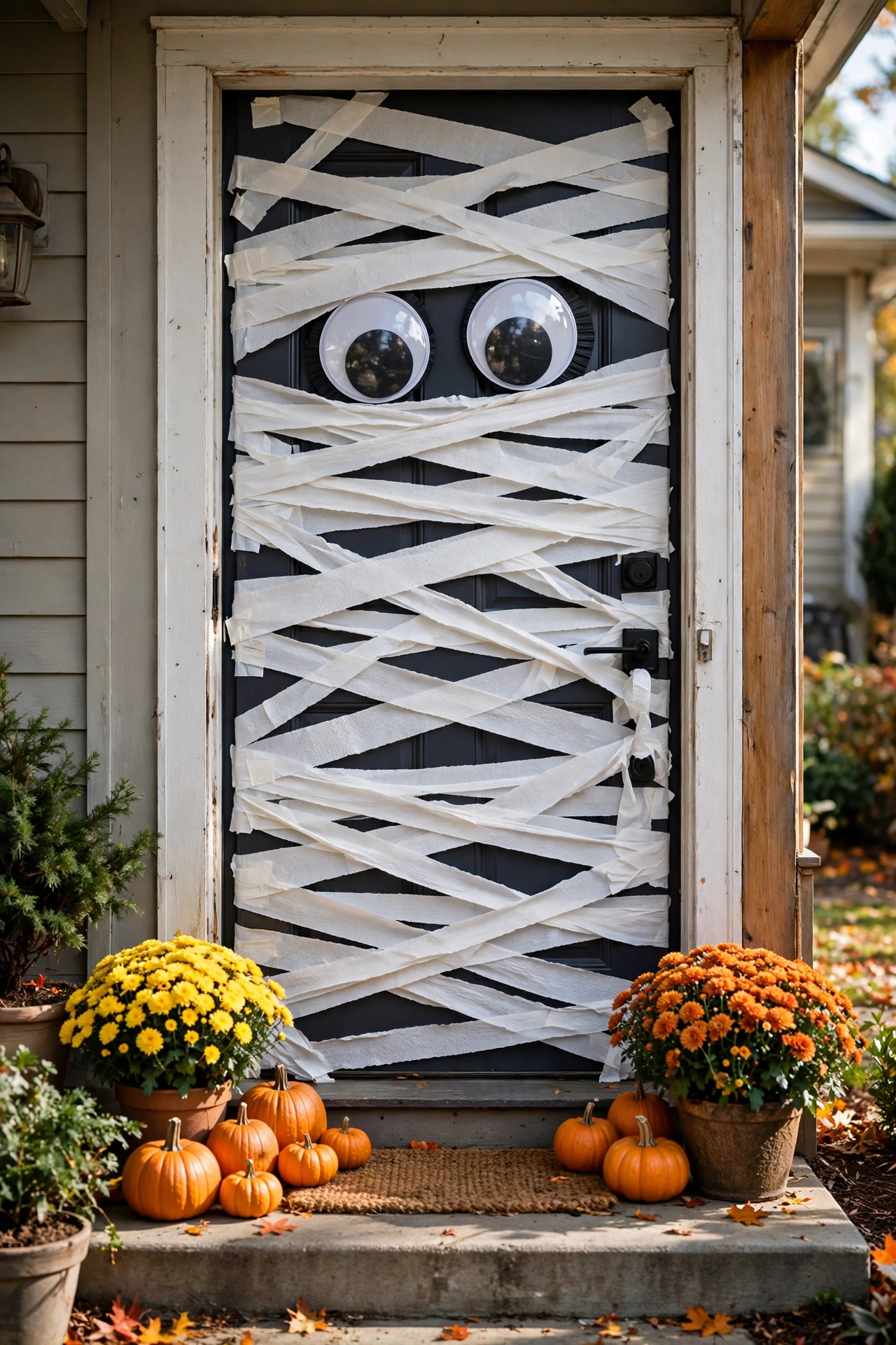 Mummy-wrapped Halloween door with googly eyes