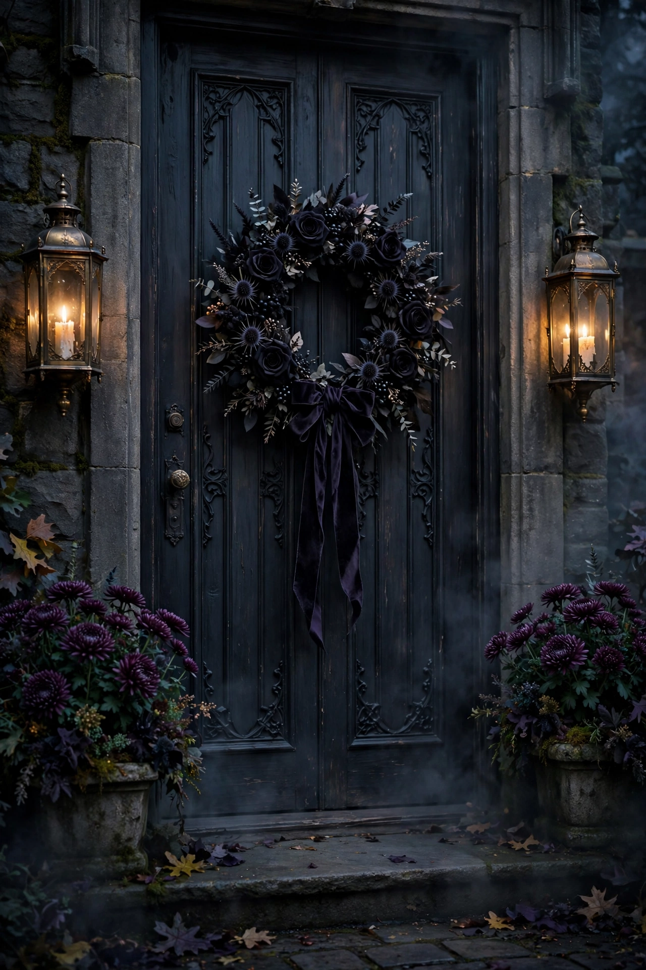 Elegant gothic Halloween door with black rose wreath