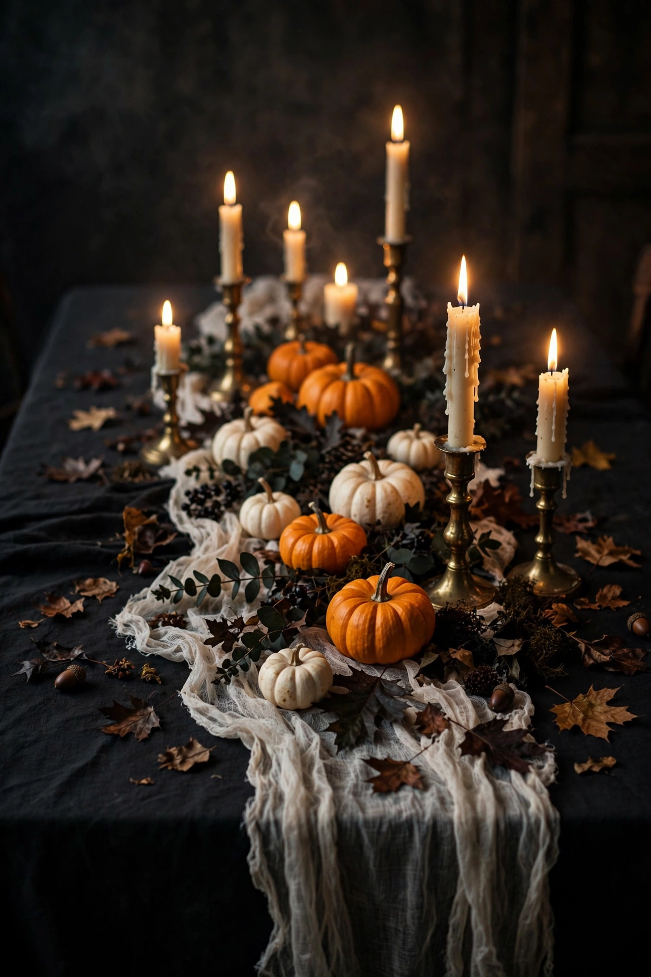 Candlelit Halloween tablescape in black and orange