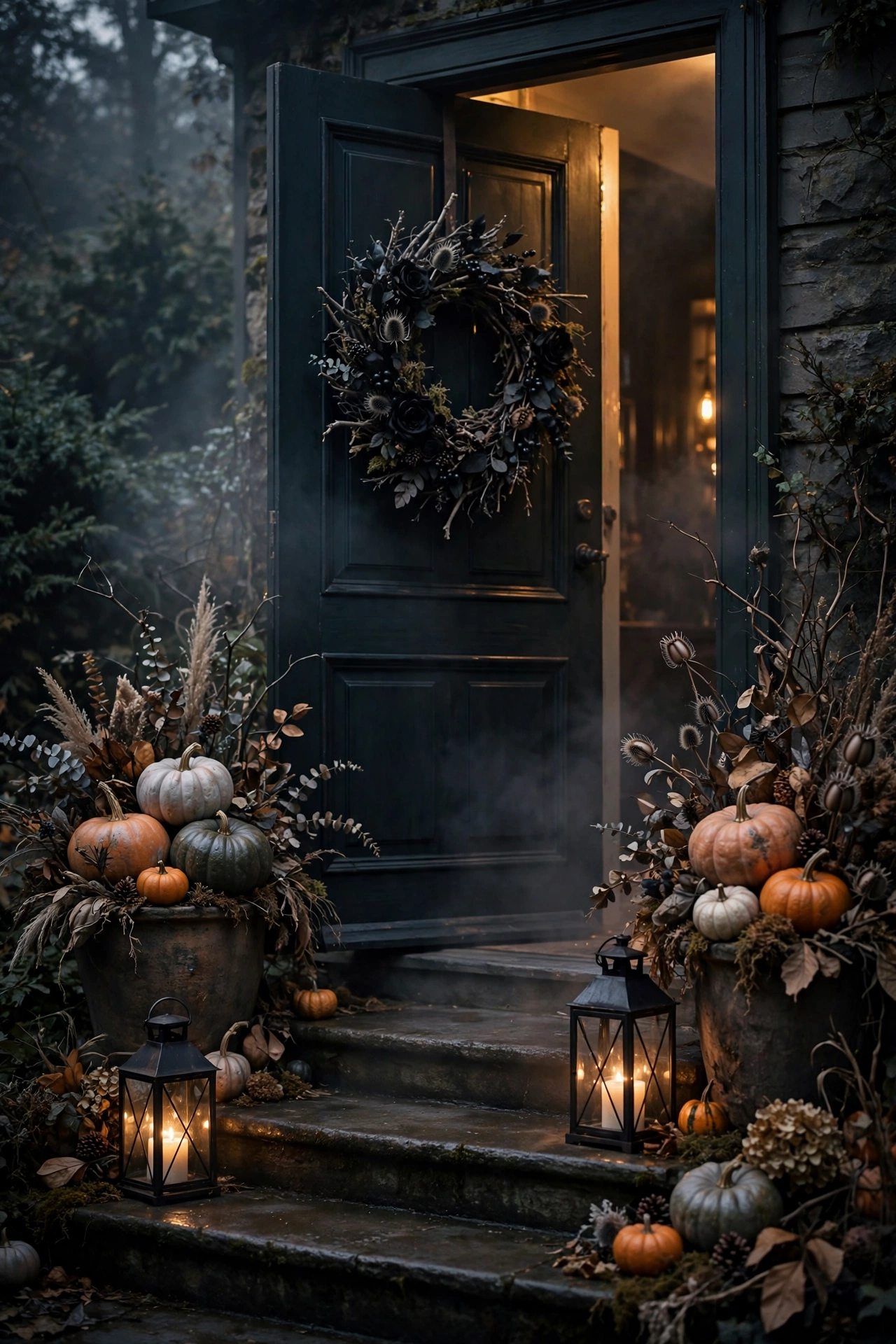 Moody Halloween entryway with wreath and lanterns