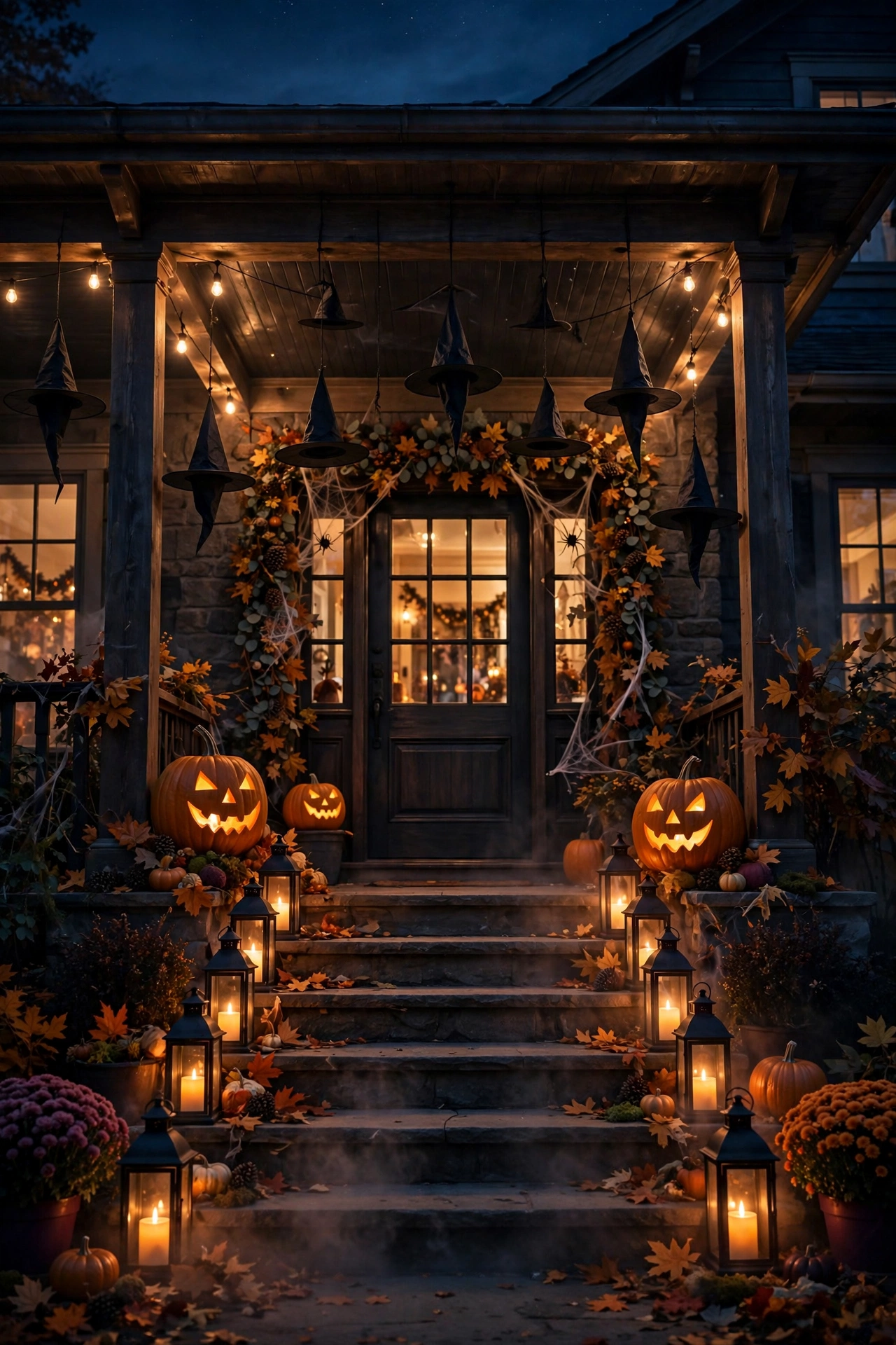 Witch hat and lantern Halloween entryway at night