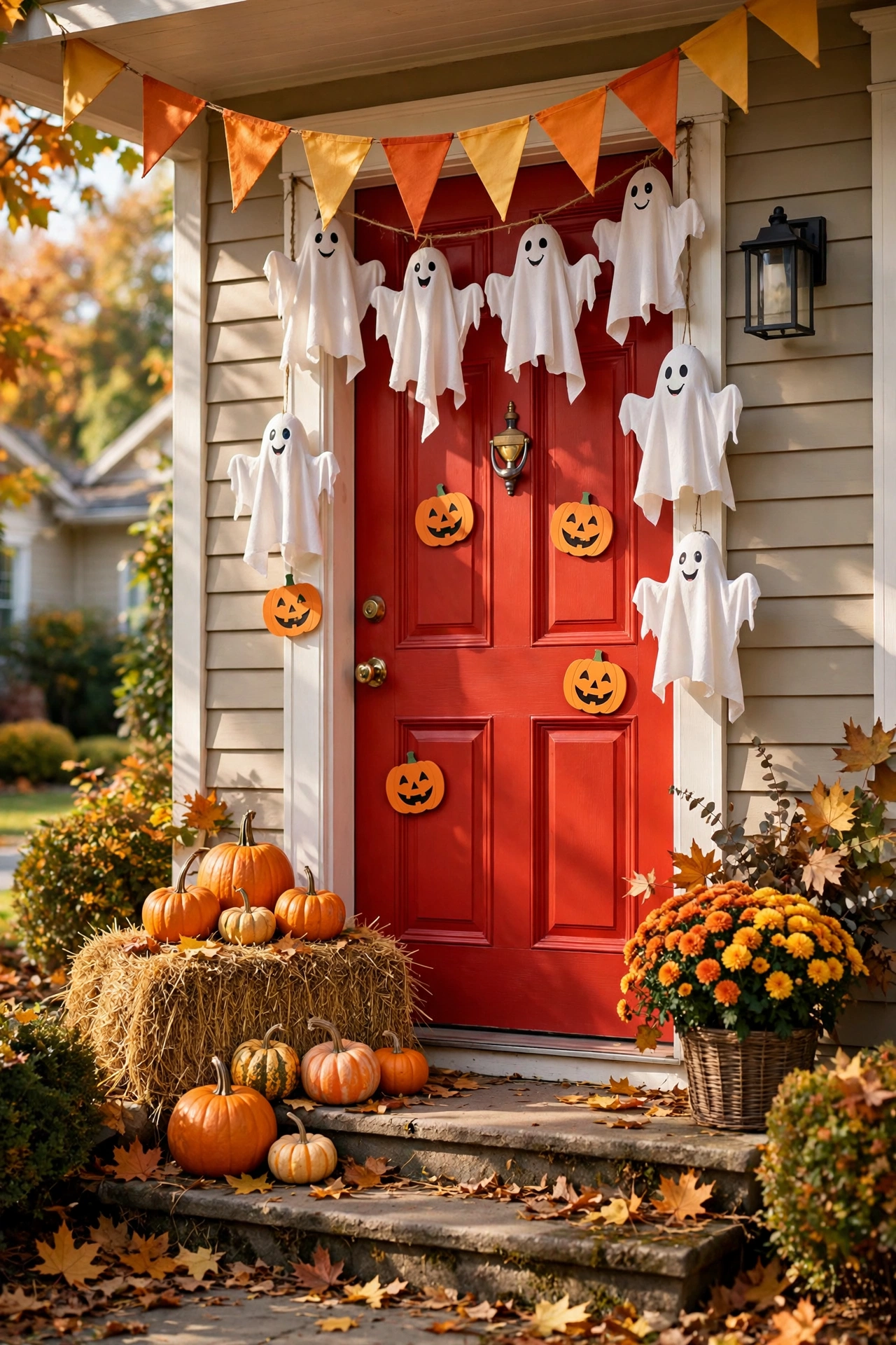 Cute family-friendly Halloween door with friendly ghosts