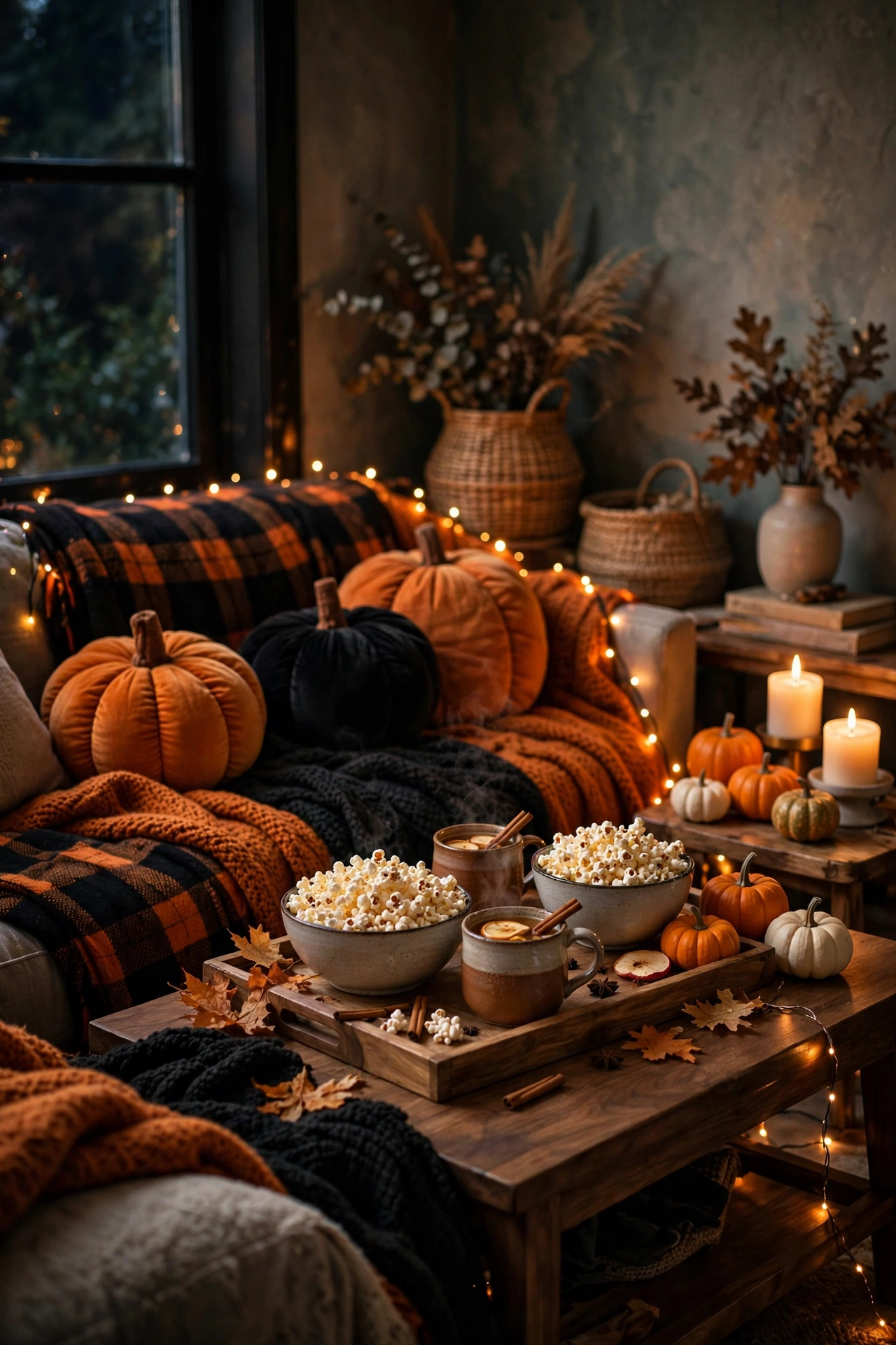 Cozy living room with Halloween movie night setup