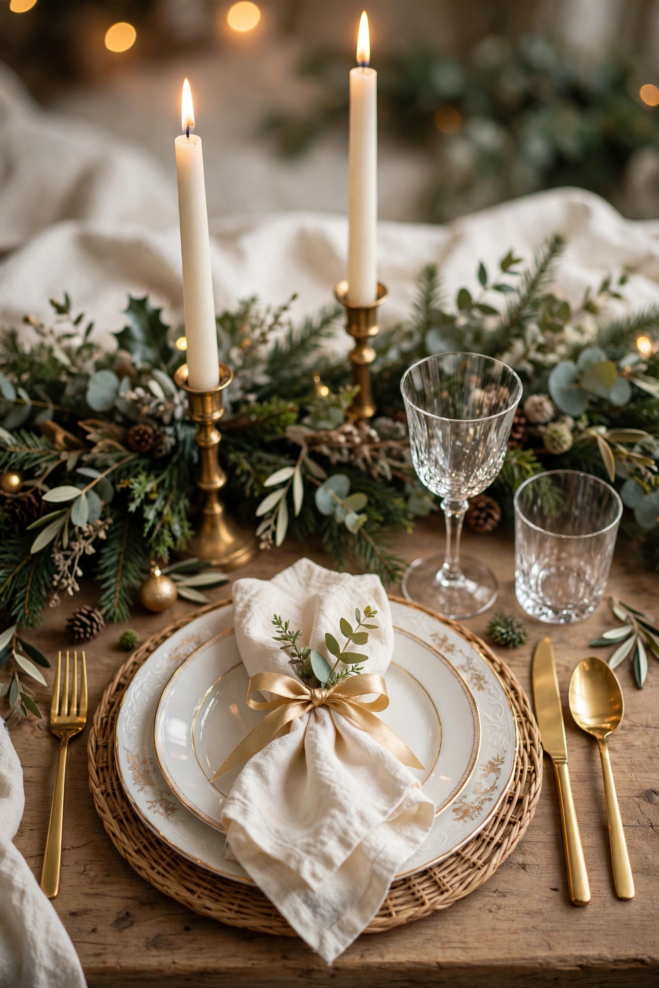 Elegant white and gold Christmas place setting