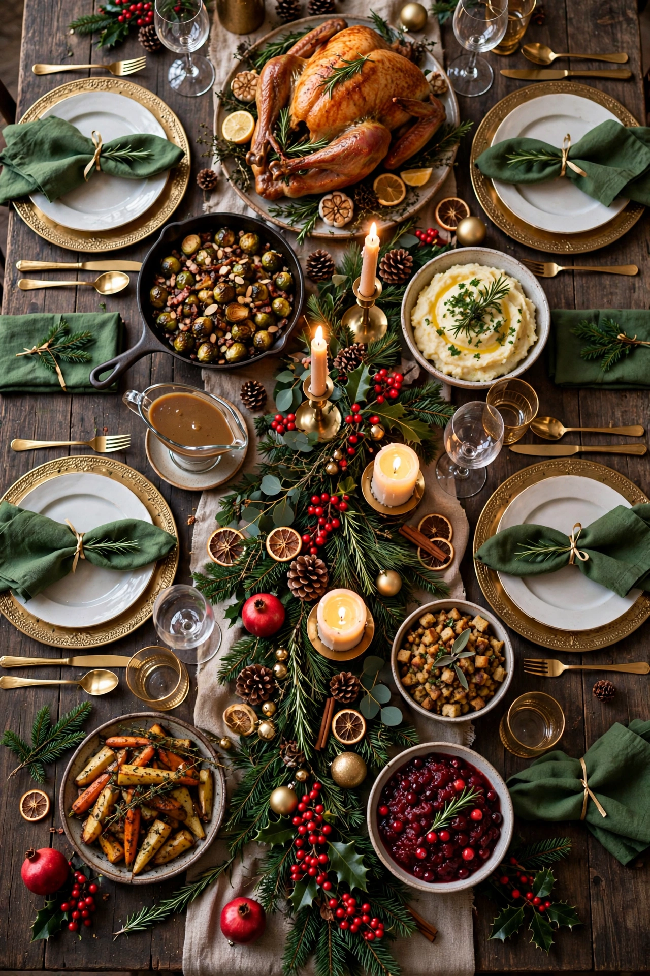 Full Christmas dinner table viewed from above