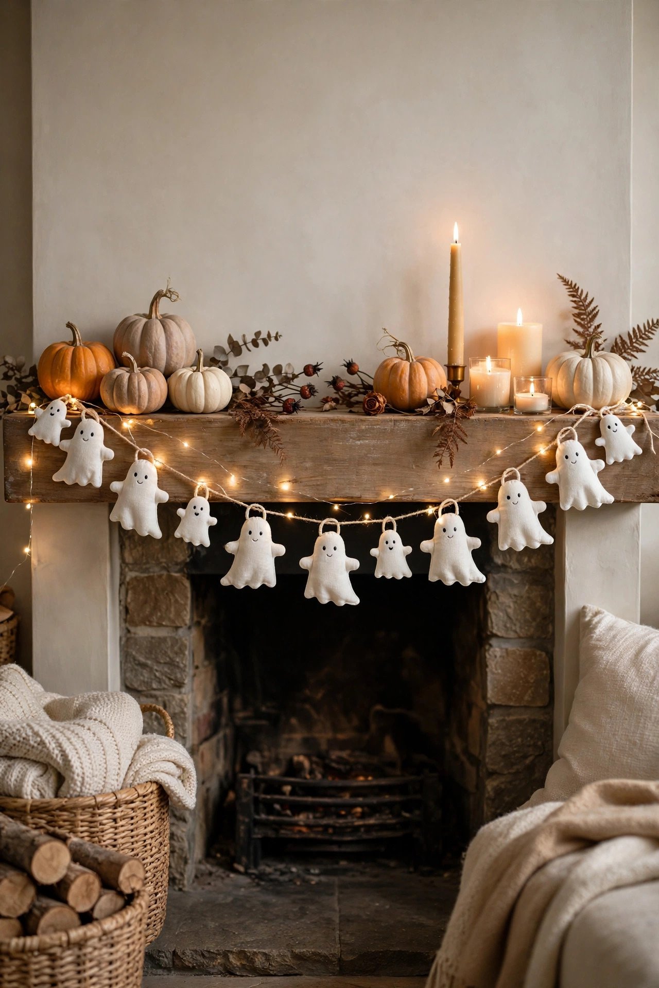 Ghost decor ideas: white ghost garland with fairy lights draped over a cozy fireplace mantel decorated with pumpkins and candles