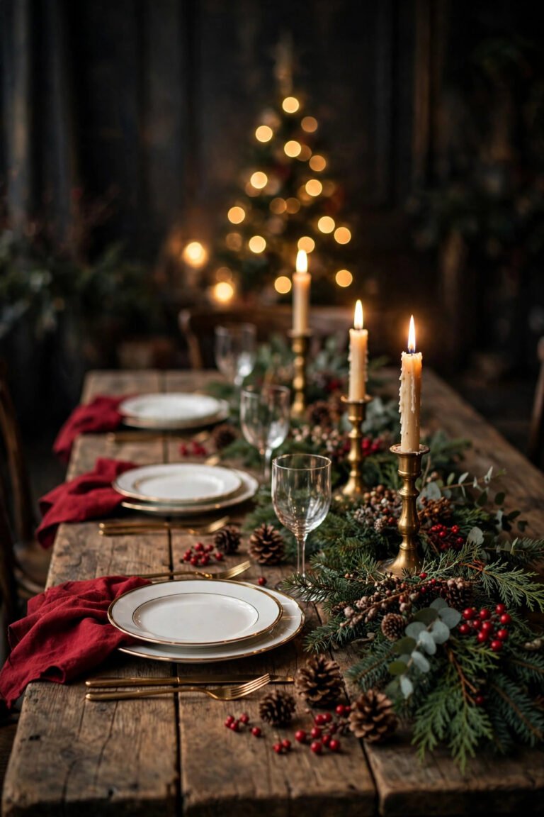 Christmas Tablescape Ideas with evergreen garland runner, brass candlesticks and a glowing Christmas tree