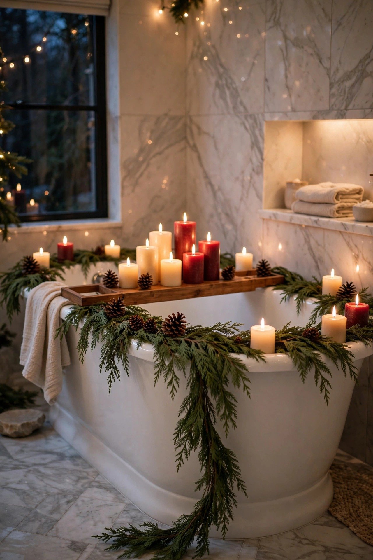 Freestanding bathtub decorated with cedar garland and pillar candles, cozy Christmas bathroom decor idea