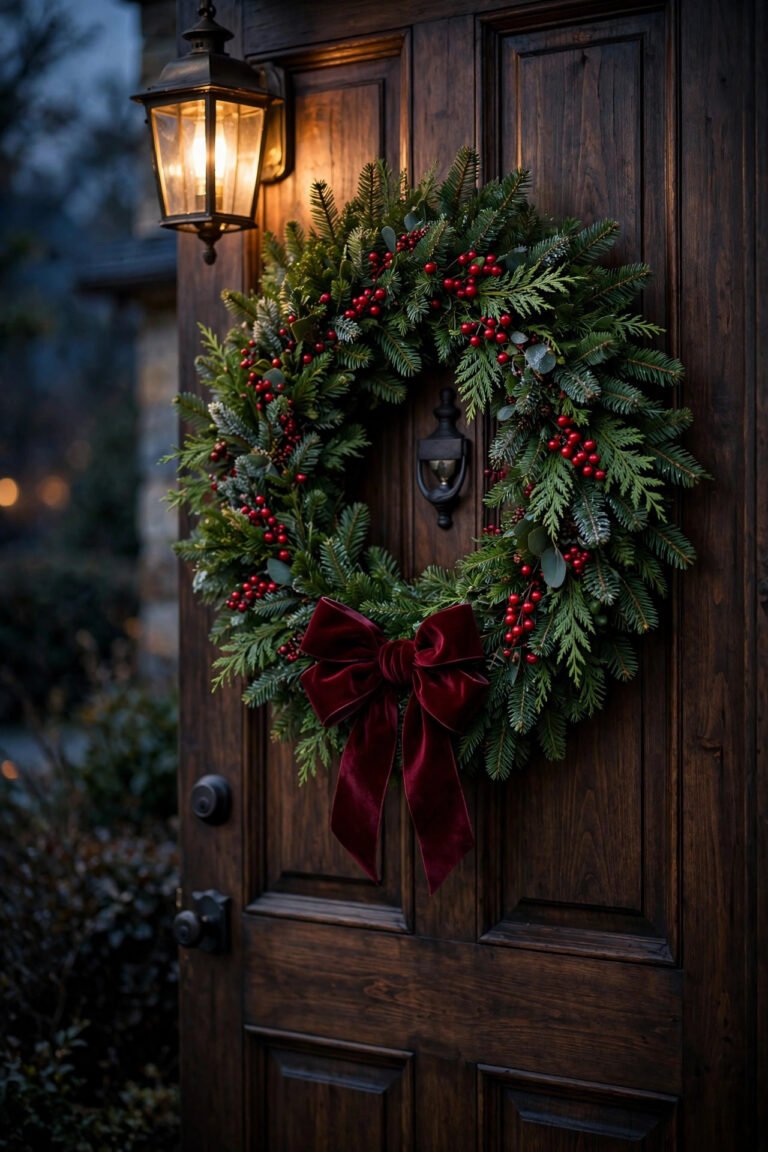 Christmas Wreath Ideas: evergreen wreath with red berries and burgundy velvet bow on dark wooden door