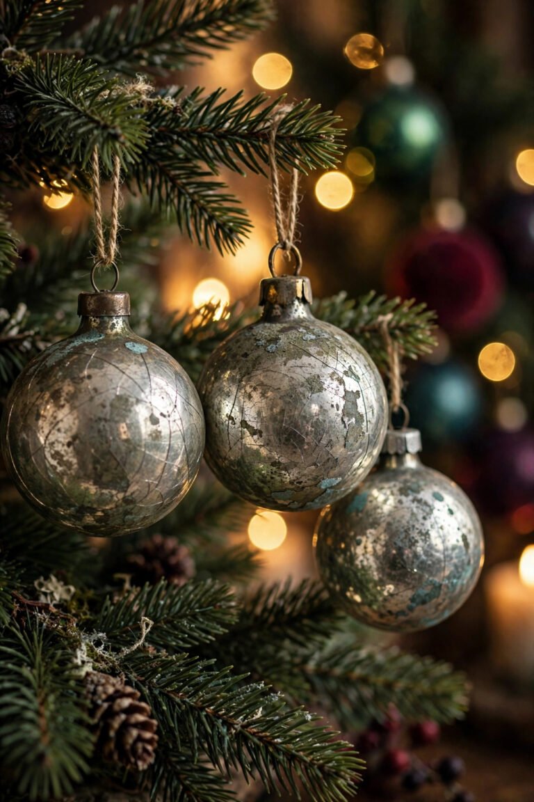 Close-up of vintage mercury glass Christmas ornaments with crackled silver patina hanging on pine branches