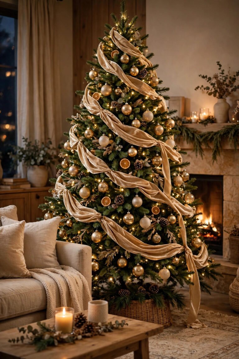 Christmas tree ribbon ideas with champagne gold velvet ribbon cascading down a decorated tree