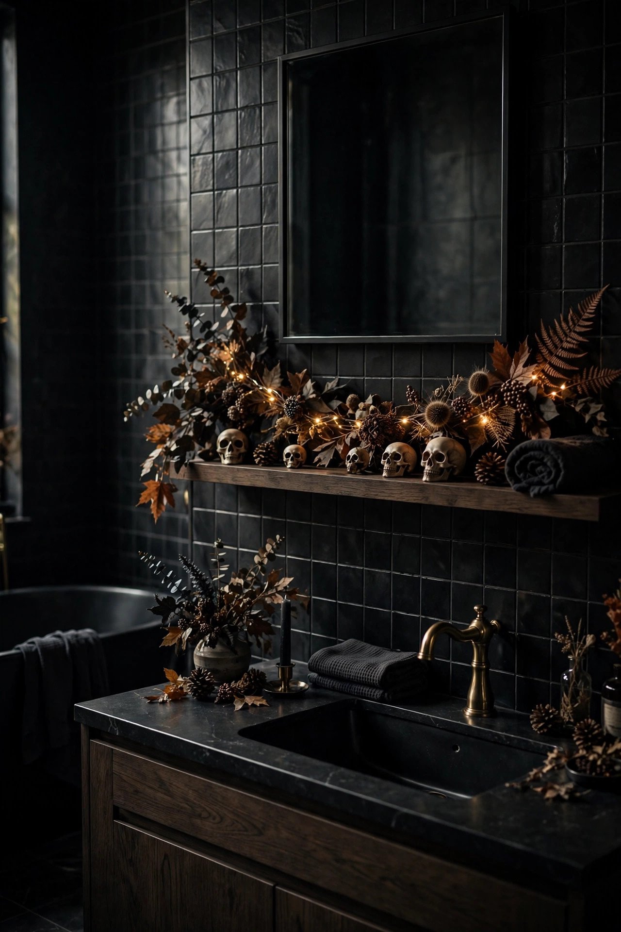 Moody black-tiled bathroom decorated with dark autumn foliage garland, fairy lights and small skull accents on a shelf